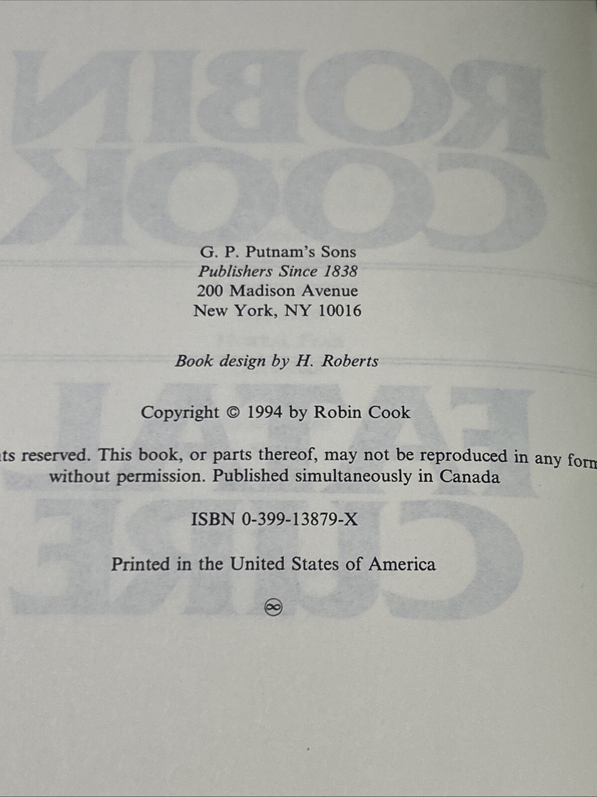 Fatal Cure – Robin Cook – 1994, Hardcover, dust jacket, presumed 1st Edition