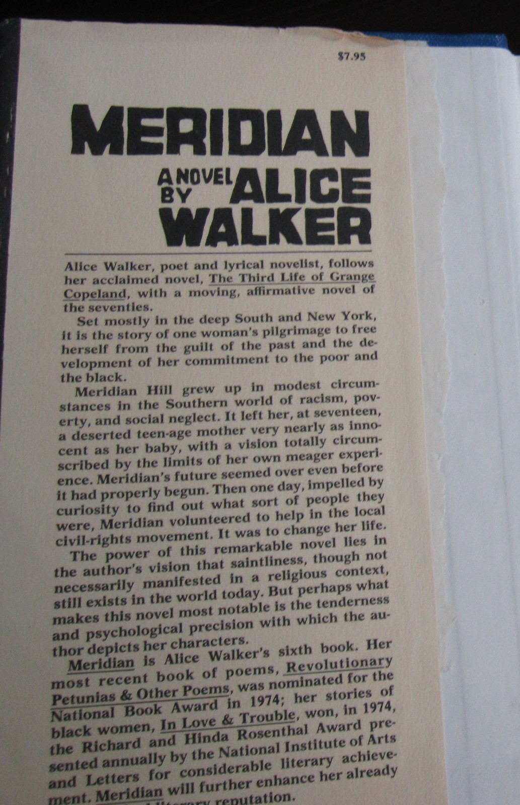 MERIDIAN by Alice Walker 1st hc ed 1976 ex-library with DJ scarce early title