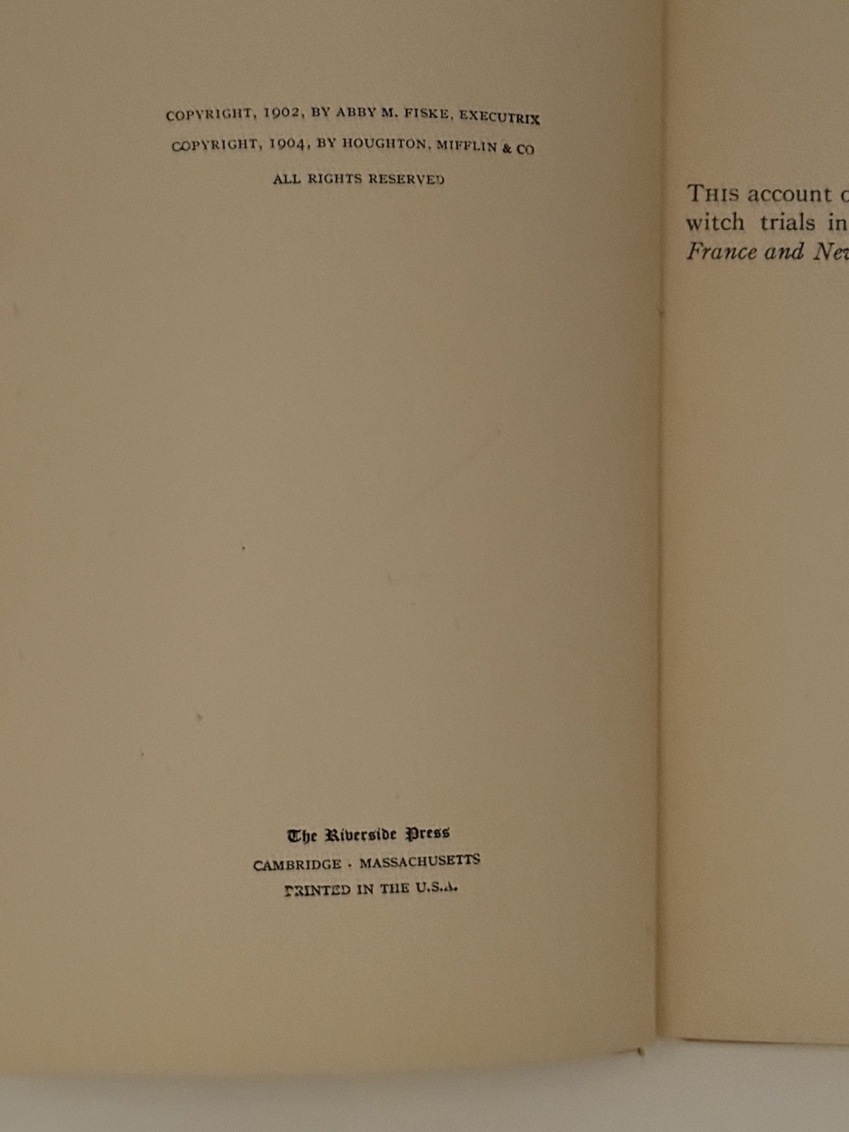 WITCHCRAFT IN SALEM VILLAGE By John Fiske – 1904 Second Edition
