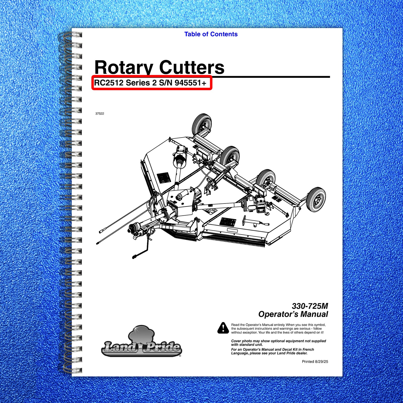 LAND PRIDE RC2512 Rotary Cutters Operators Manual – WIRE BOUND – TOUGH COVERS