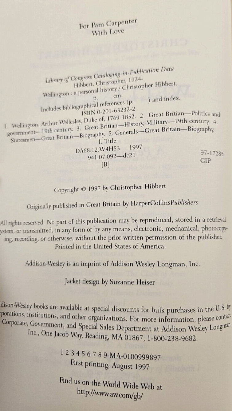Wellington: A Personal History by Christopher Hibbert HCDJ First US Edition 1997