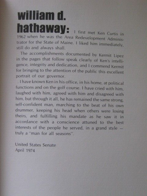 Kenneth Curtis of Maine: Profile of a Governor by Kermit Lipez 1974 Hardcover