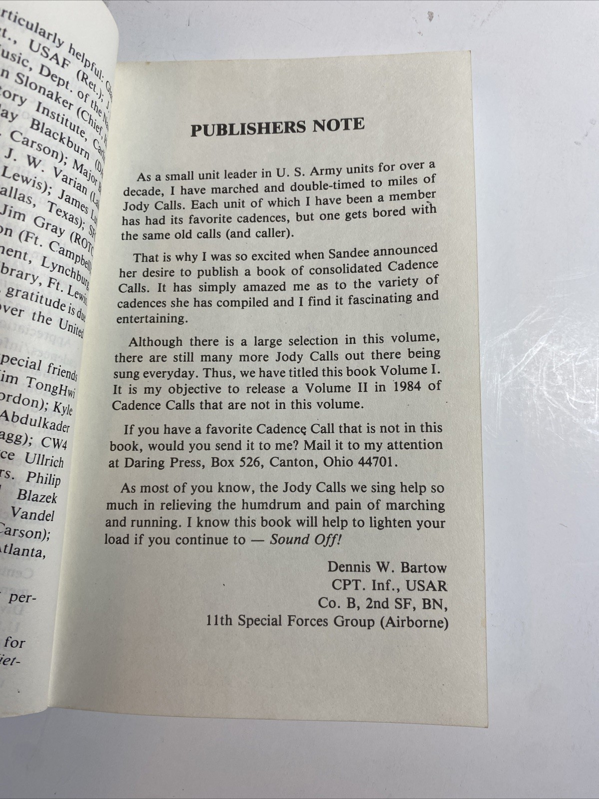 Military Cadences: Jody Call Book No. 1 1983 Softcover 152 pages