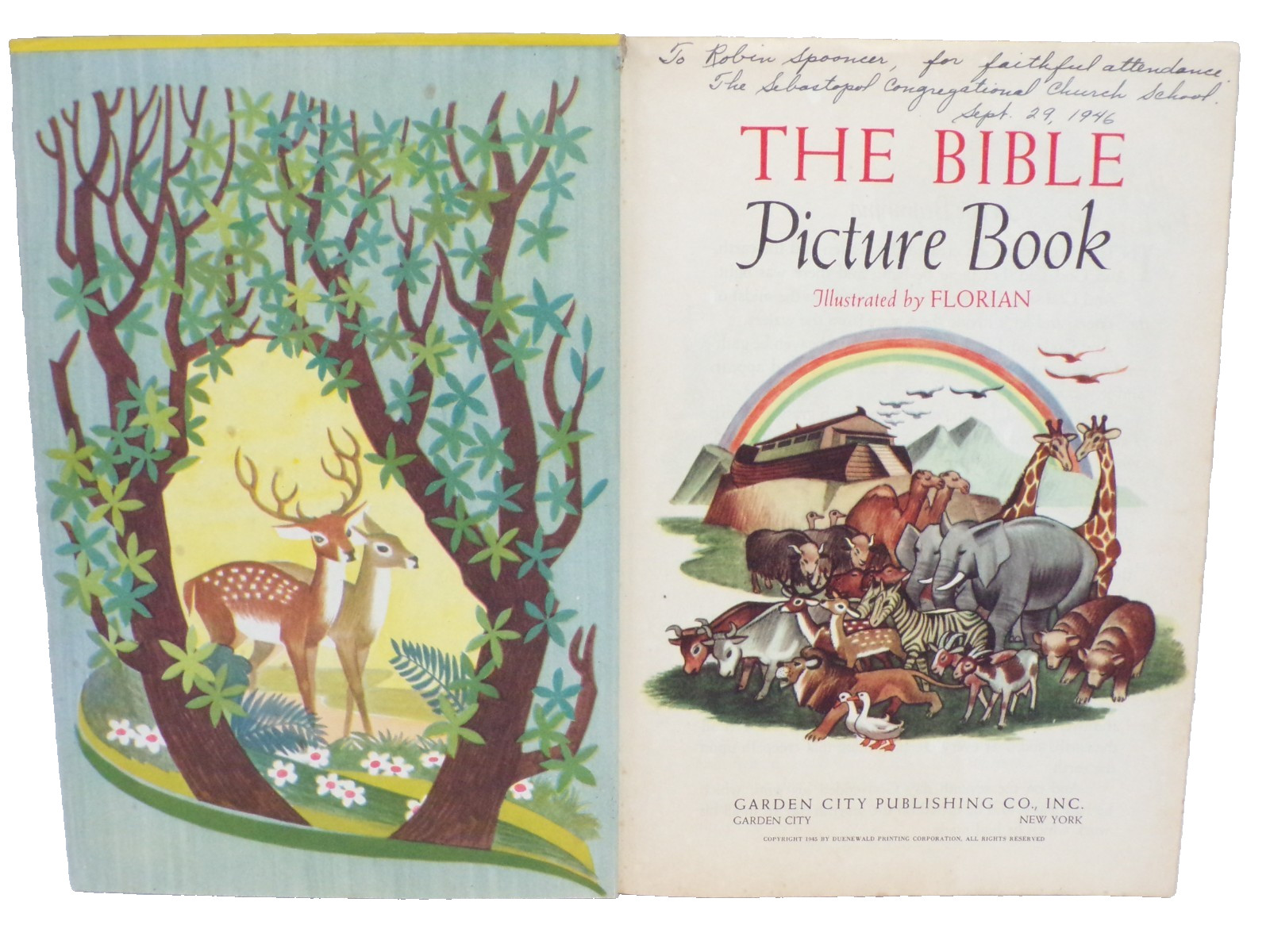 1945 THE BIBLE PICTURE BOOK HARD COVER COLOR ILLUSTRATED BY FLORIAN 48 PAGES
