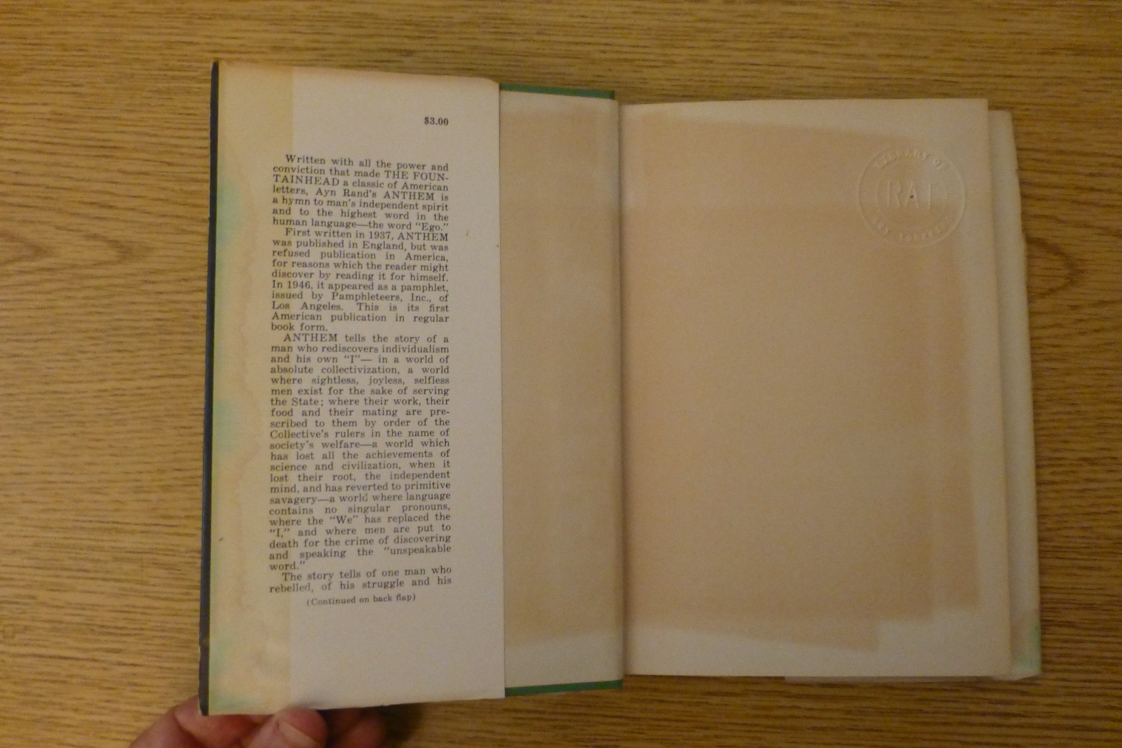 Anthem, Ayn Rand, hardcover 1st edition, 3rd printing, 1960