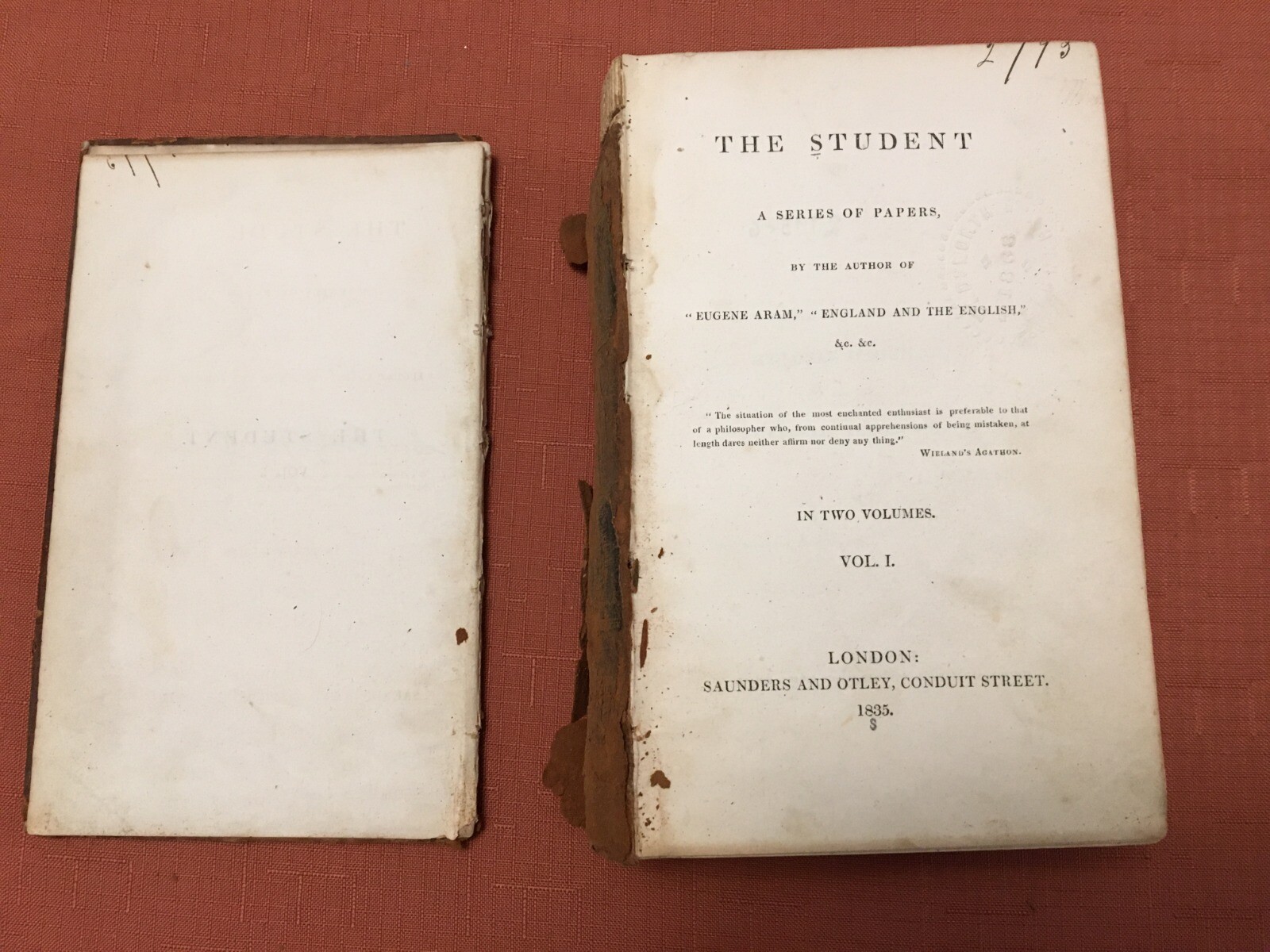 Antique 1835 The Student A Series of Papers, in Two Vol. by Edward Bulwer-Lytton