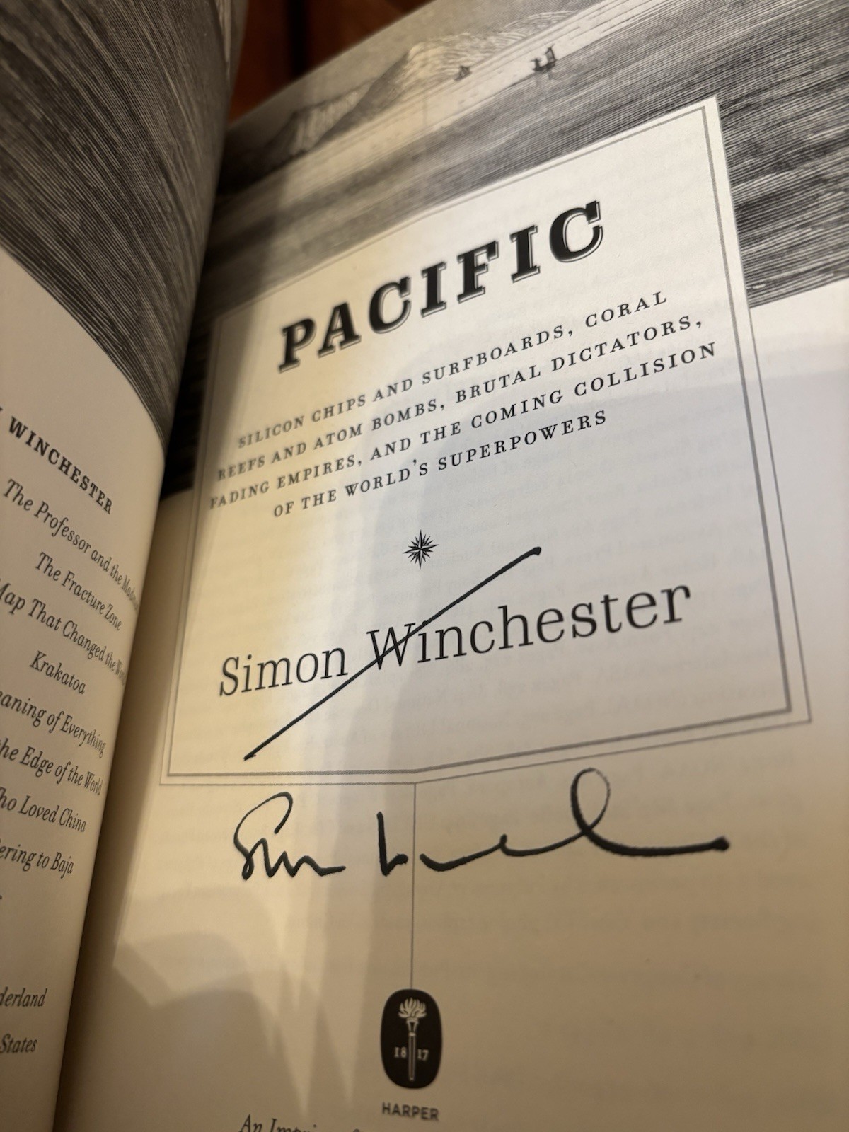 Pacific. Simon Winchester. Signed Hardcover Harper 2015. Near Fine