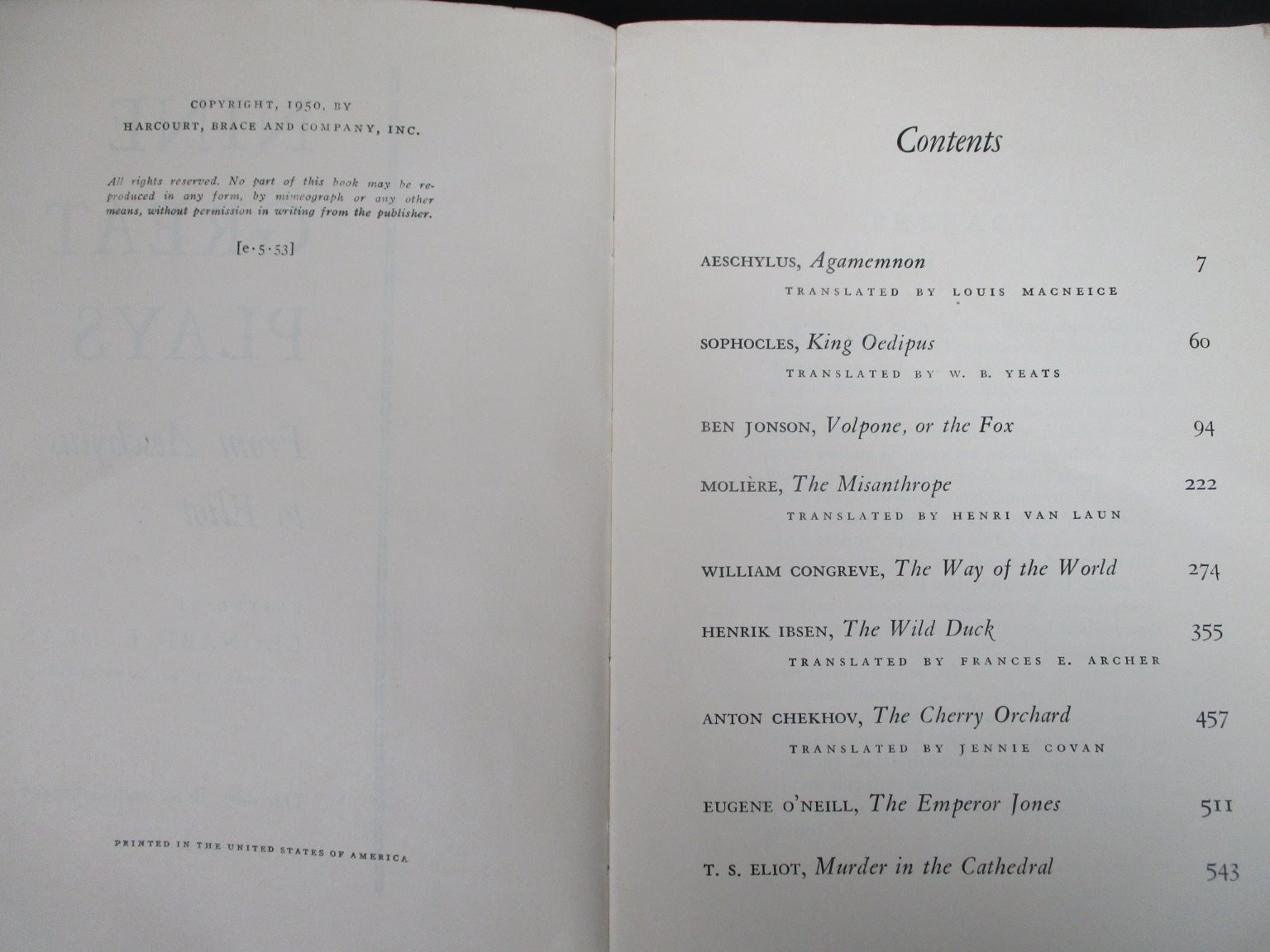 Nine Great Plays Aeschylus to Eliot Leonard F Dean 1950 Harcourt Brace Drama