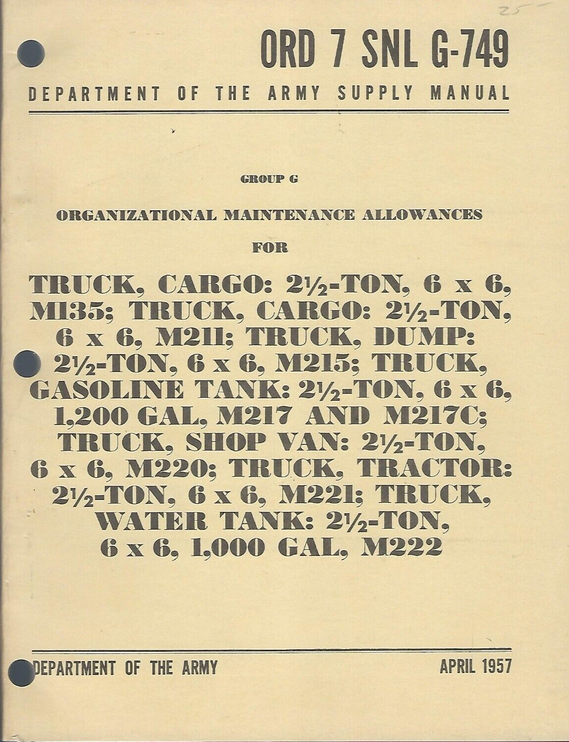 Historical book Organizational Maintenance Allowances for Trruck, 2 1/2 Ton,M135