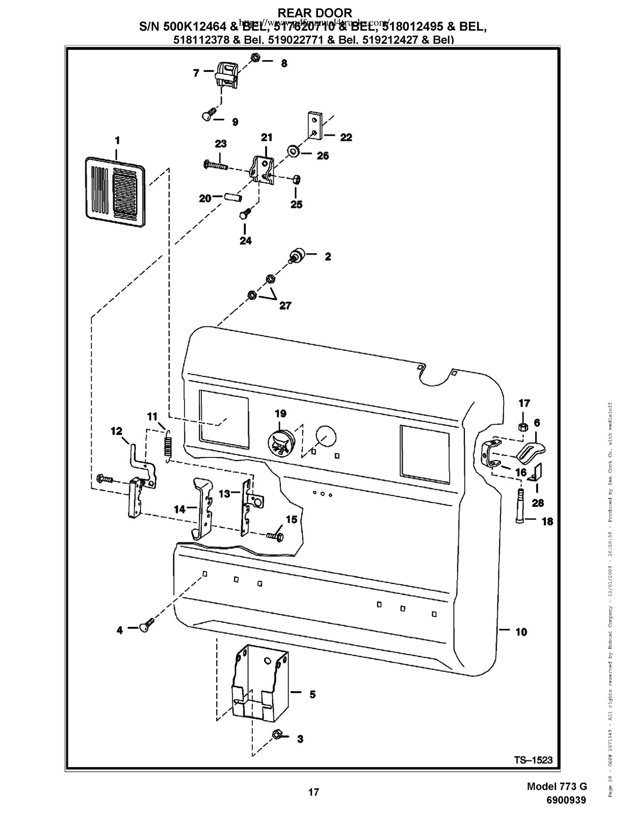 BOBCAT 773 G-Series Skid Steer Parts Manual 2009 SN 500K11001 Up – WIRE BOUND