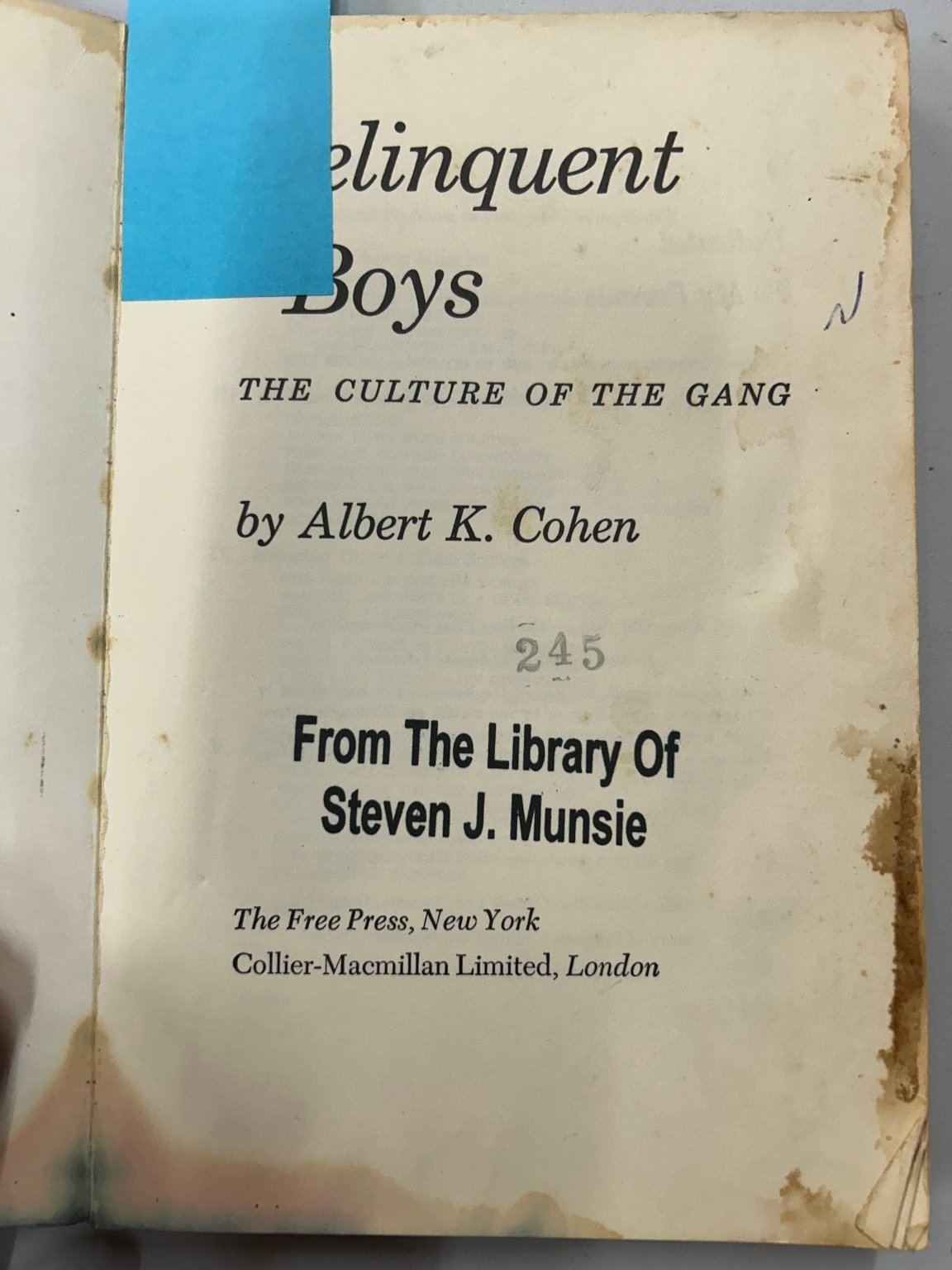 Delinquent Boys Cohen 1971 First Free Press Paperback Sociology The Free Press
