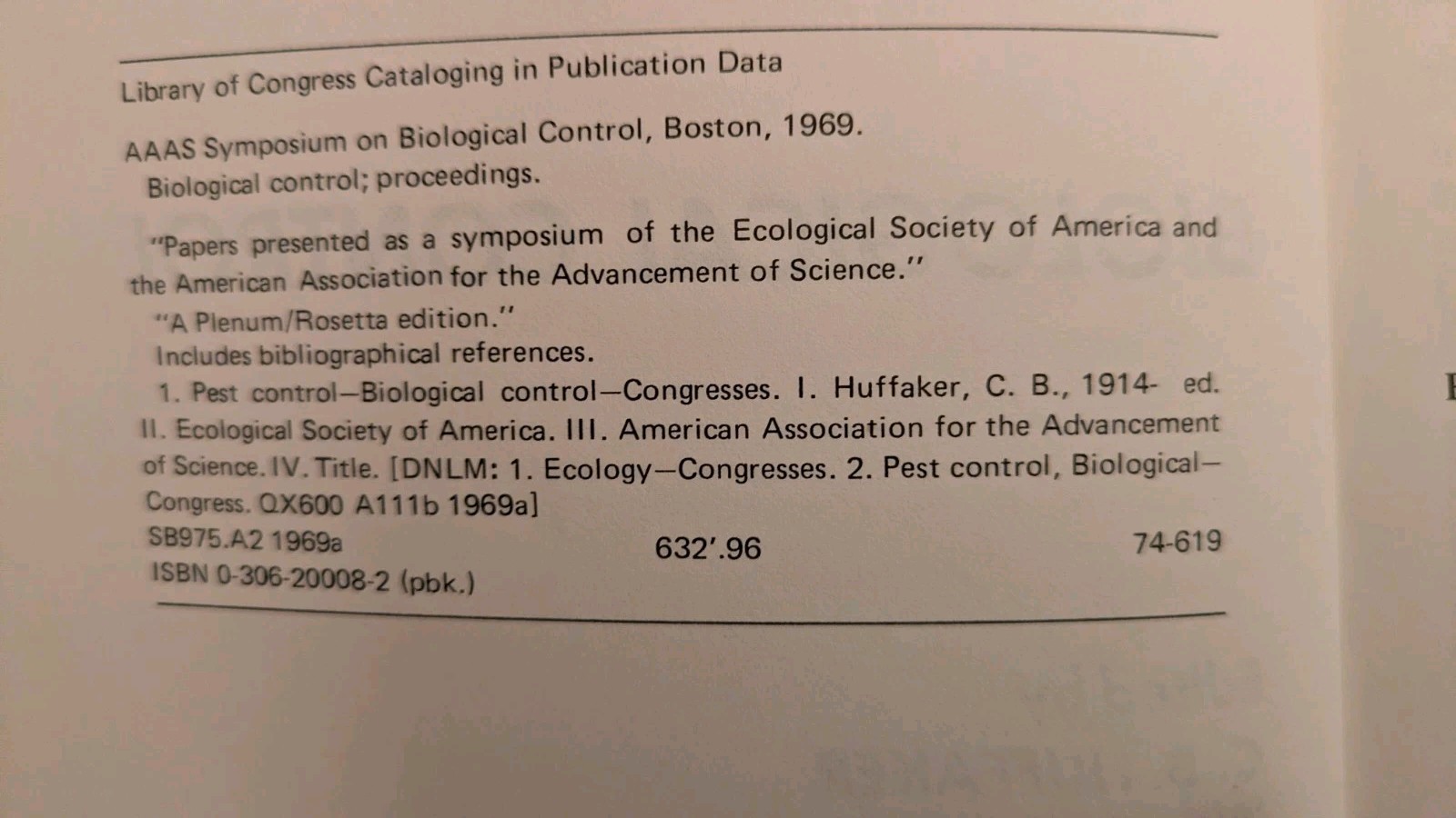 Huffaker, BIOLOGICAL CONTROL, 1974, PB, Natural Insecticide Environment Ecology