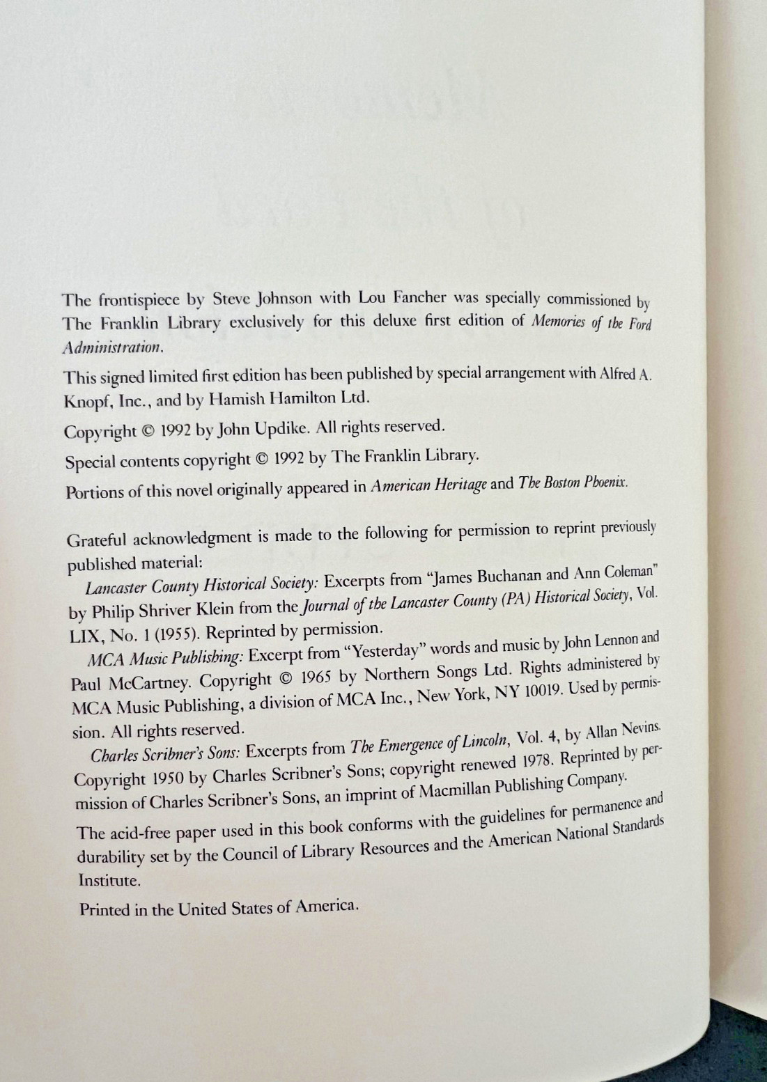 John UPDIKE – Memories of the Ford Administration Signed 1st ed Franklin Library