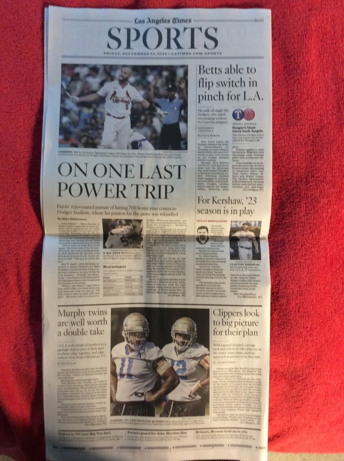 LA TIMES SPORTS SECTION SEPTEMBER 23 2022 ALBERT PUJOIS CARDINALS 700TH