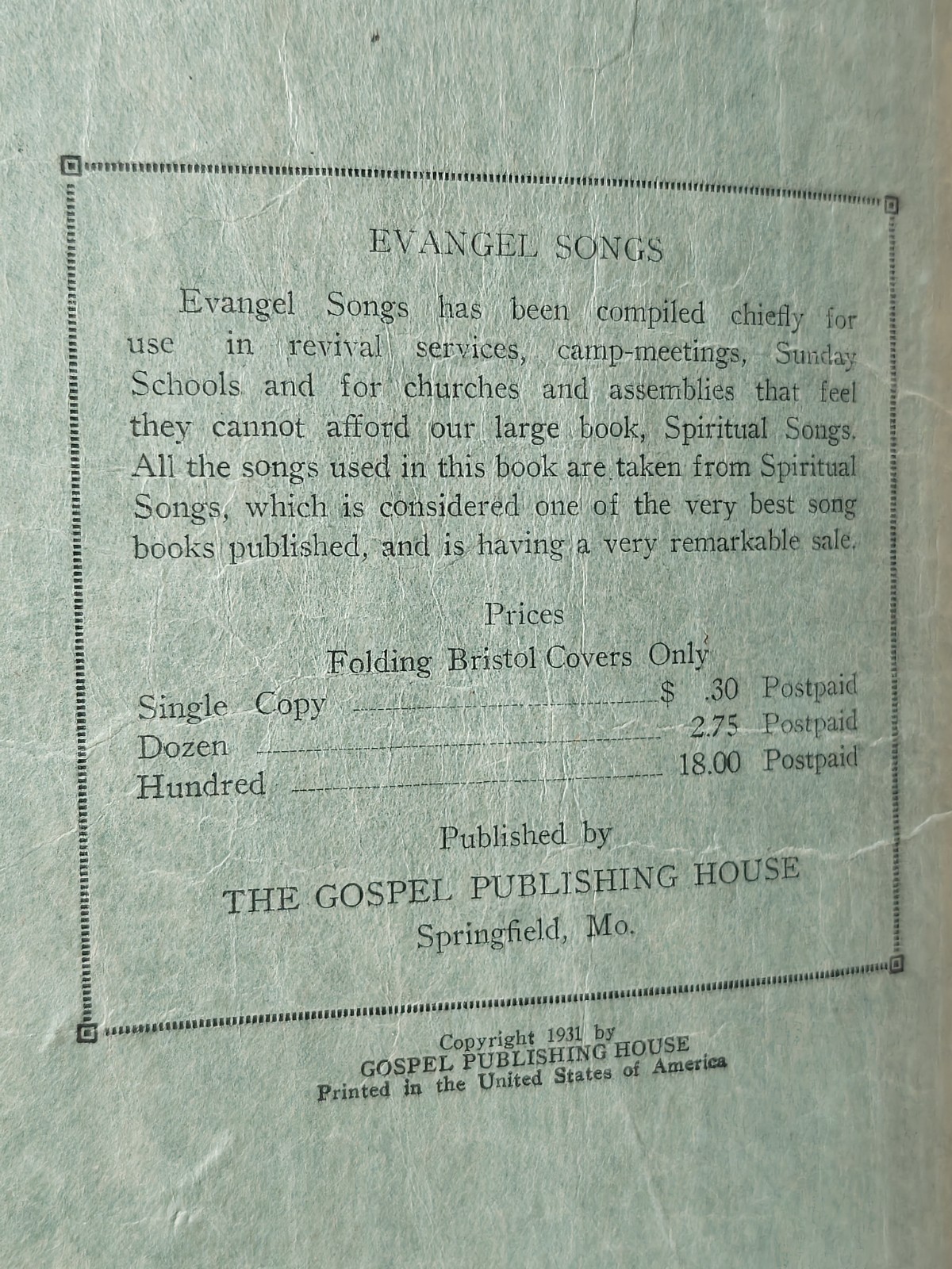 1931 Evangel Songs PB Hymnal by Gospel Publishing House Vintage Paperback