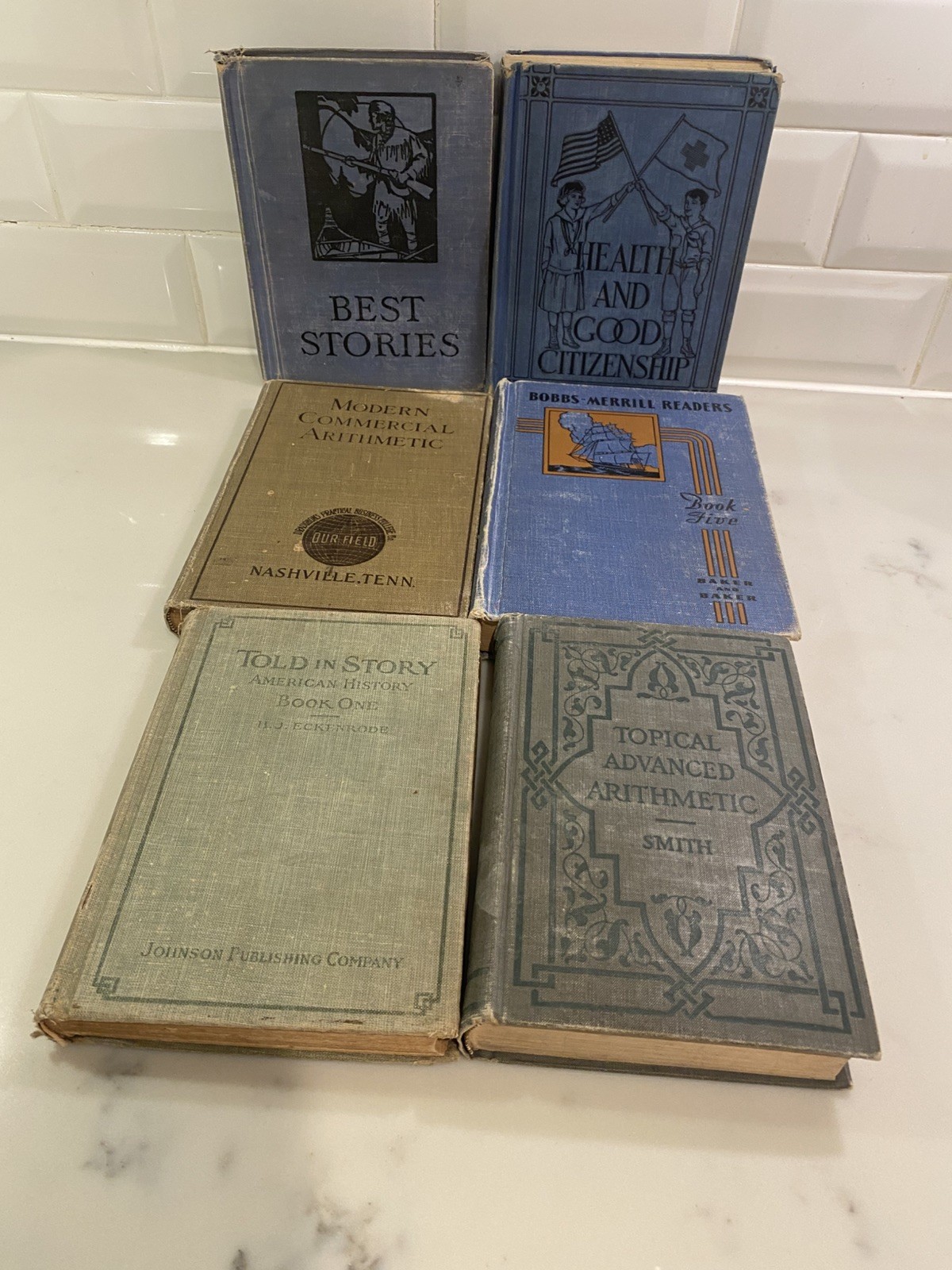 6 Book Lot Antique Vintage Reading, Math, History, Textbook Shelf Decor Set