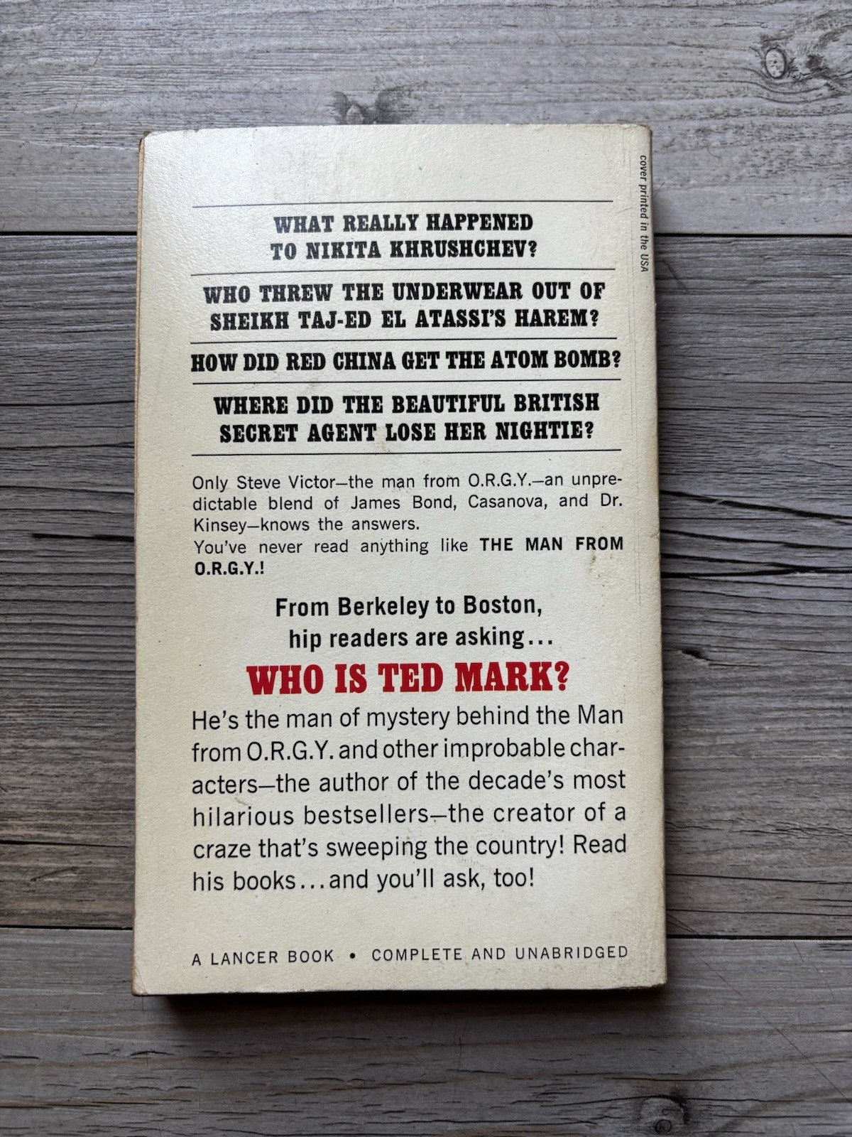 The Man From O.R.G.Y. #1 Ted Mark 1966 Lancer PB 73-487 Spy Sleaze Parody