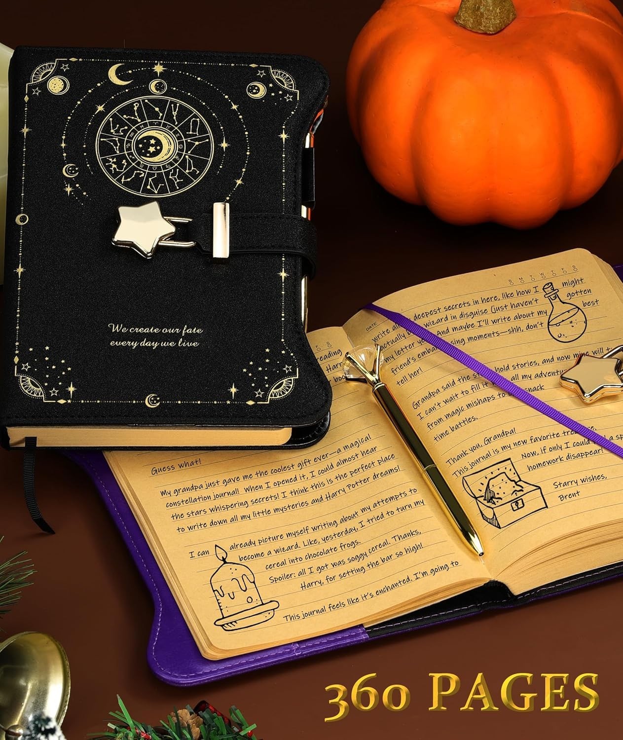 Faux Leather Diary with Star Lock – 360 Kraft Pages & Keepsake Pockets