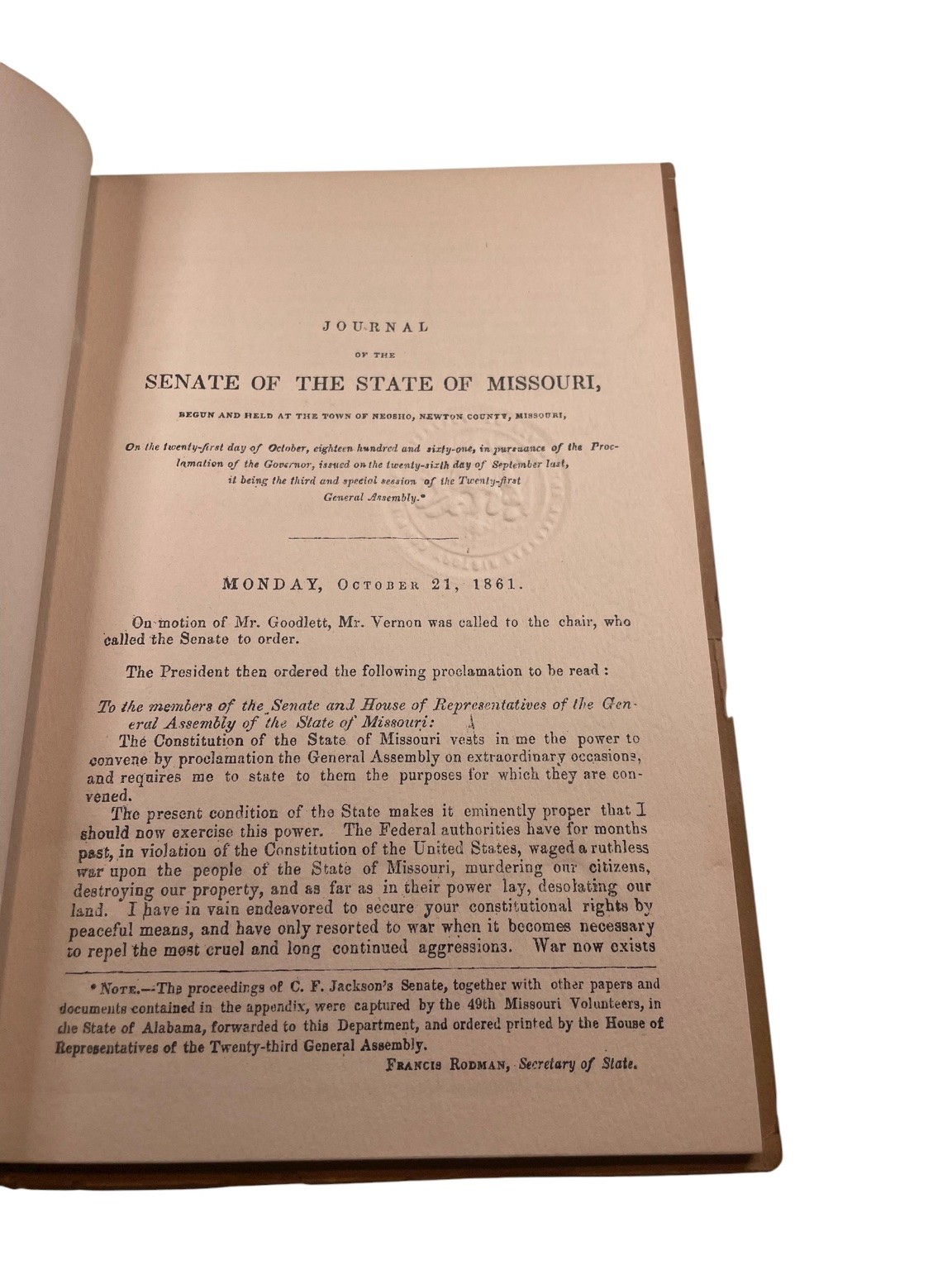 Missouri Rebel Legislature Journal 1861 Facsimile Reprint 1911 Civil War History