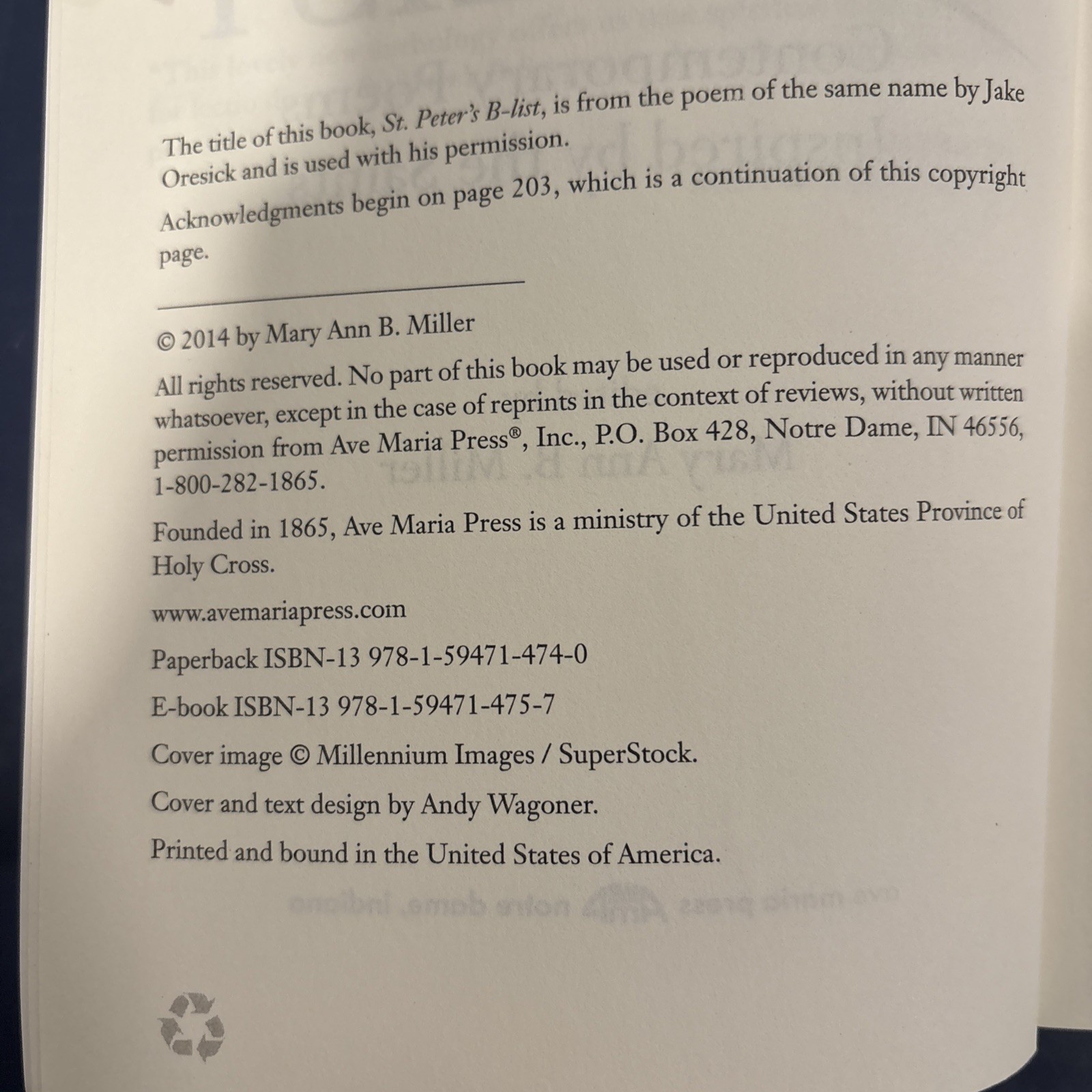 St. Peter’s B-List: Contemporary Poems Inspired by the Saints Edited by Miller