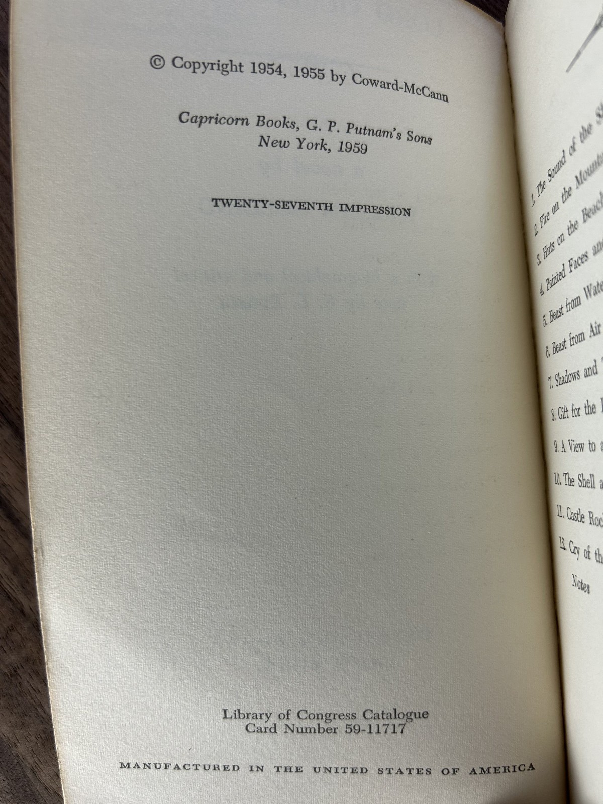 Lord of the Flies – William Golding – 1959 Paperback 27th Print – Capricorn Book