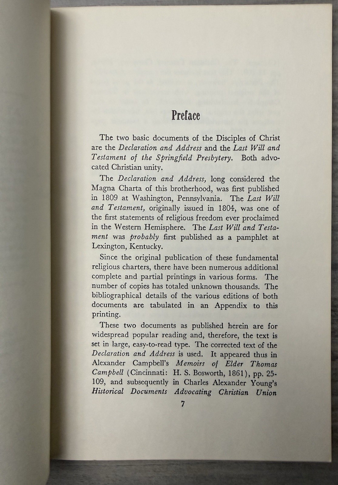 Declaration and Address Thomas Campbell; Last Will and Testament Barton W. Stone