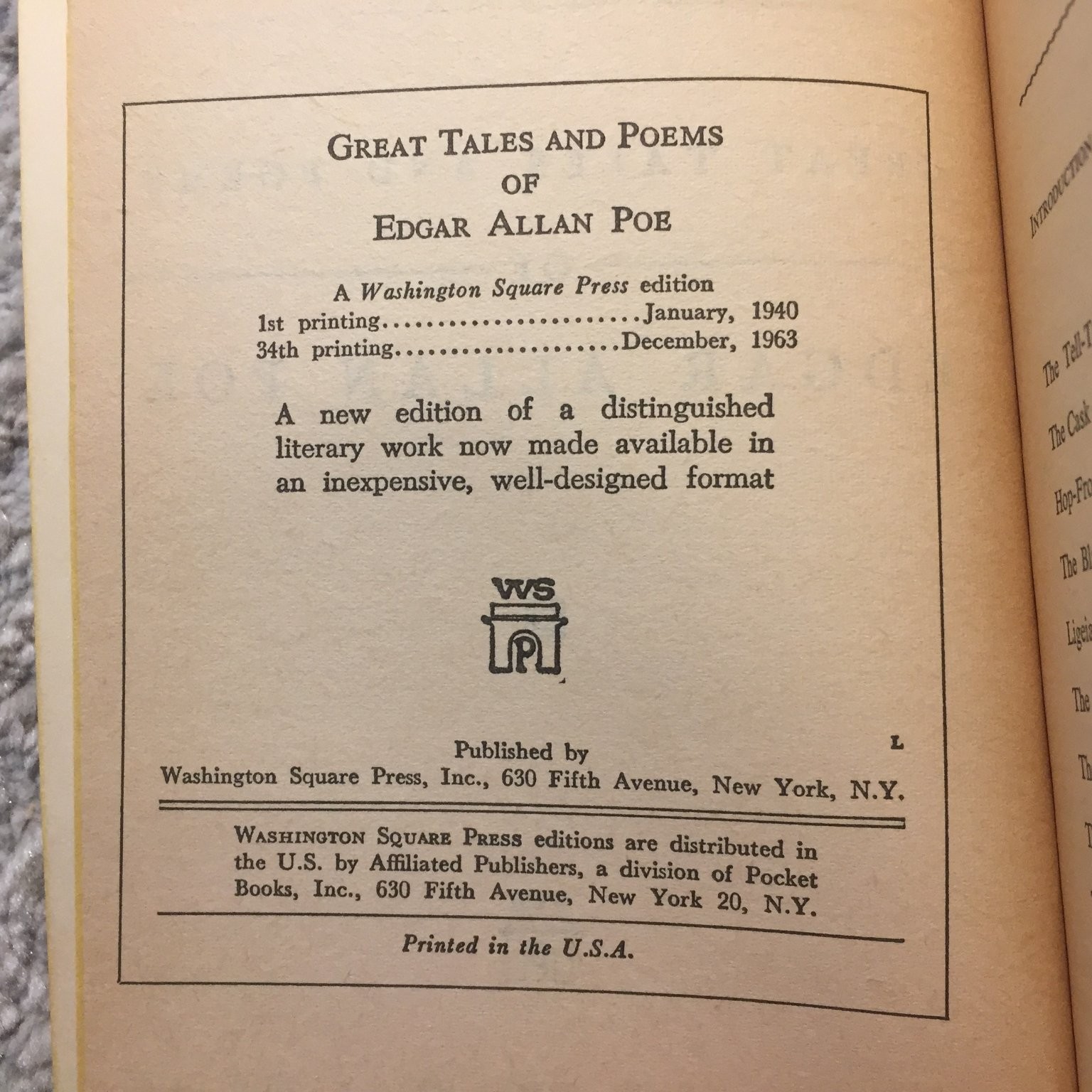 Great Tales and Poems of Edgar Allan Poe 1963 Washington Square Press