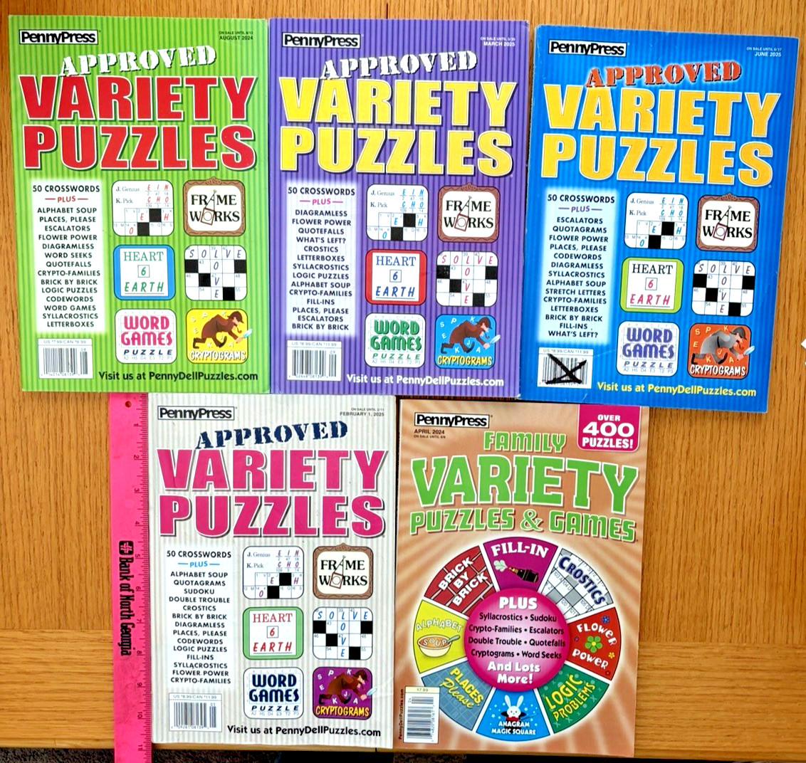 Lot of 5 PENNY PRESS APPROVED VARIETY PUZZLES Unsolved w FREE SHIPPING Rtl $37+