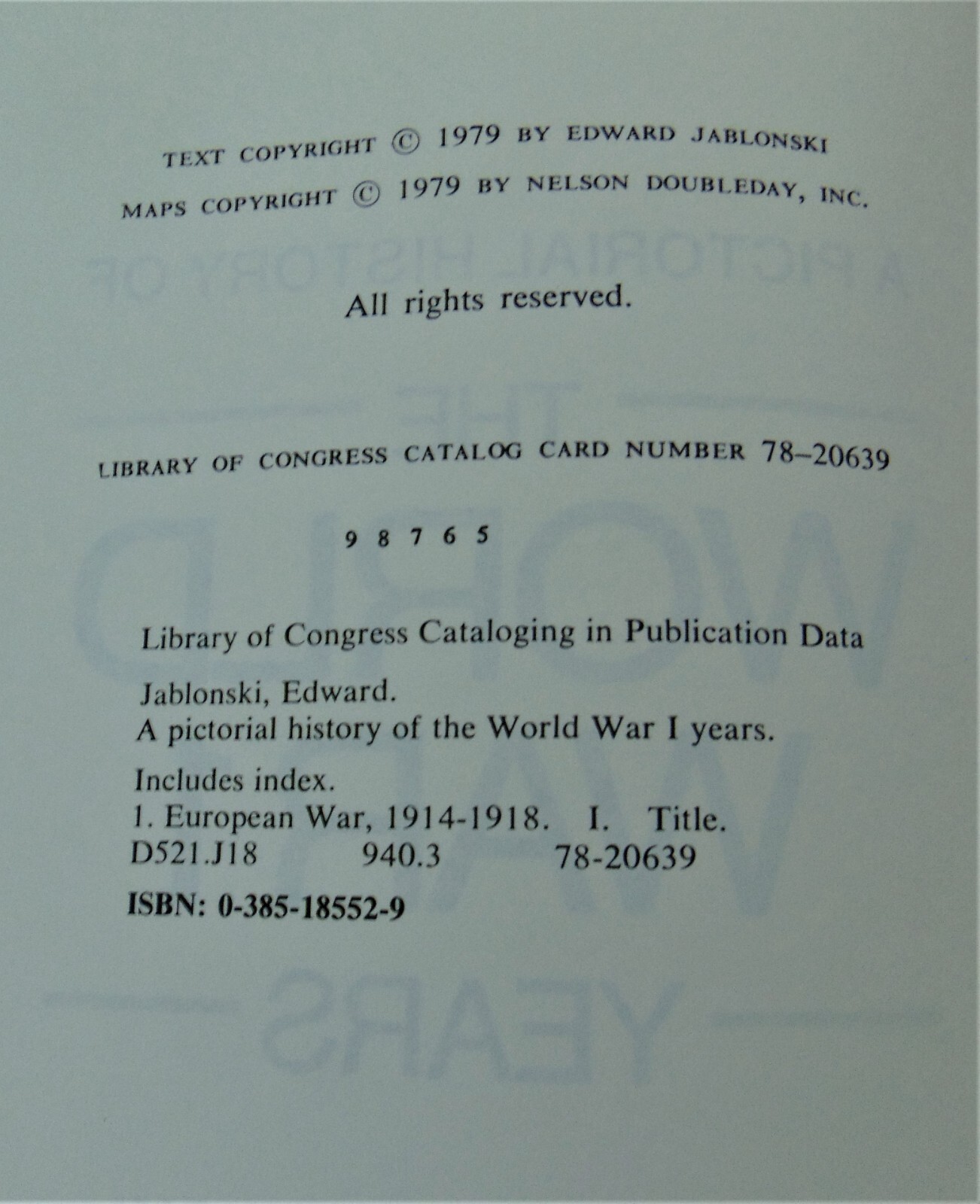 A PICTORIAL HISTORY OF THE WORLD WAR I YEARS BY EDWARD JABLONSKI~1979 SOFTCOVER