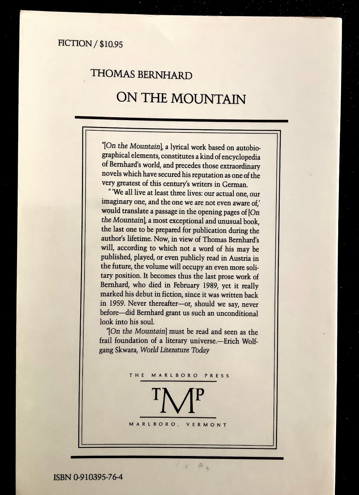 On the Mountain – Thomas Bernhard – Marlboro Press – Paperbound