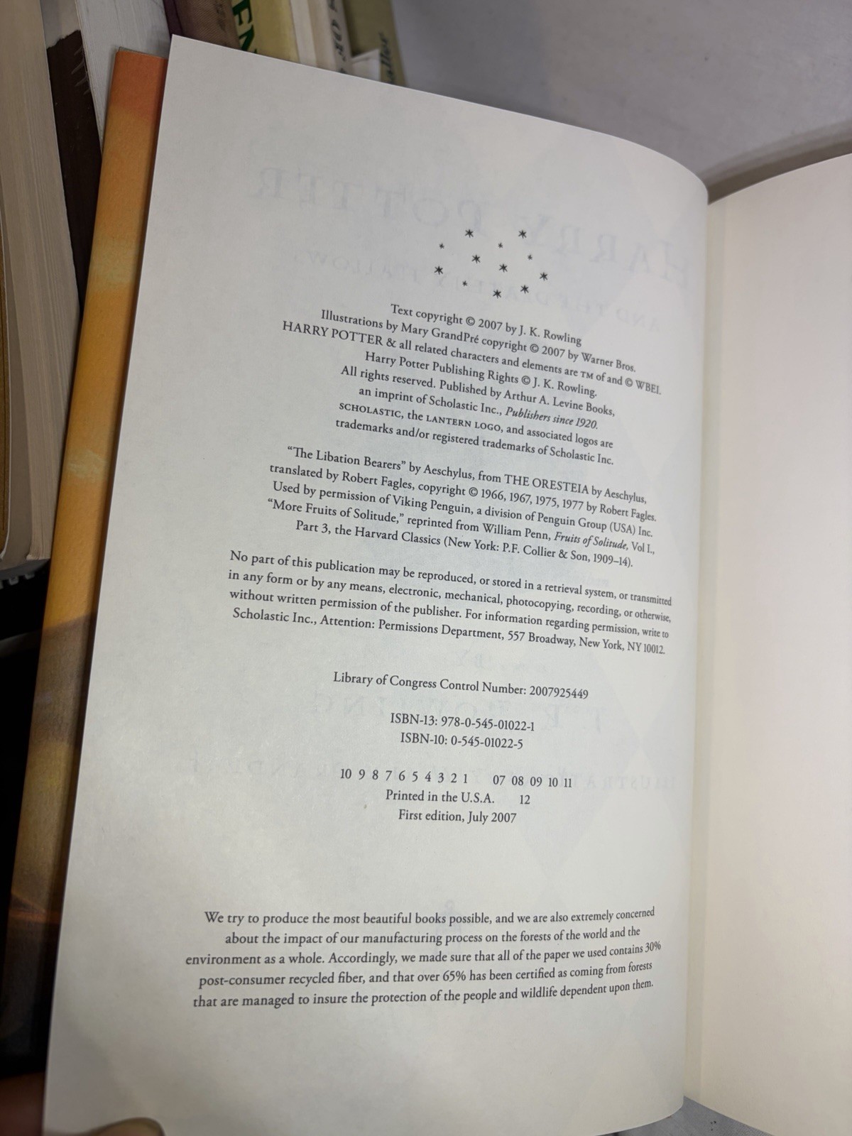 Harry Potter and the Deathly Hallows FIRST EDITION Binding Error Ends Page 759