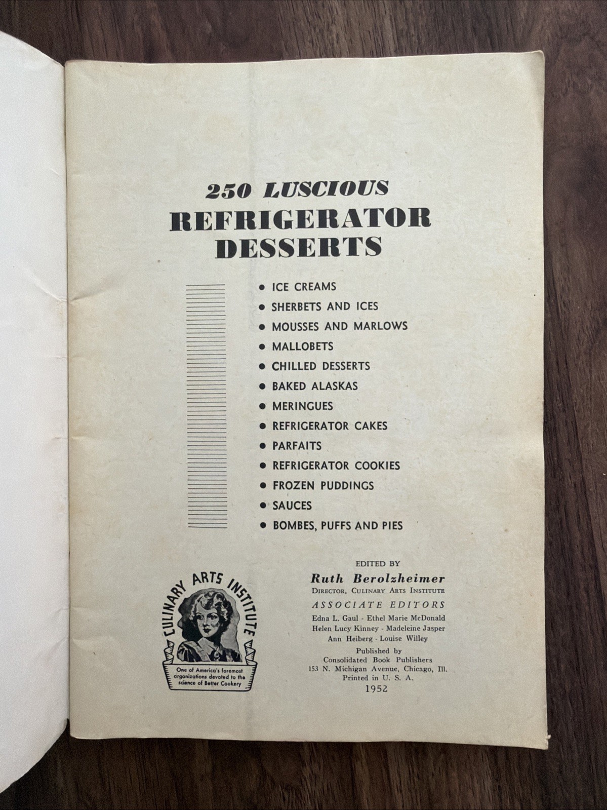 Ruth Berolzheimer Culinary Arts 250 Luscious Refrigerator Desserts 1952 Cookbook
