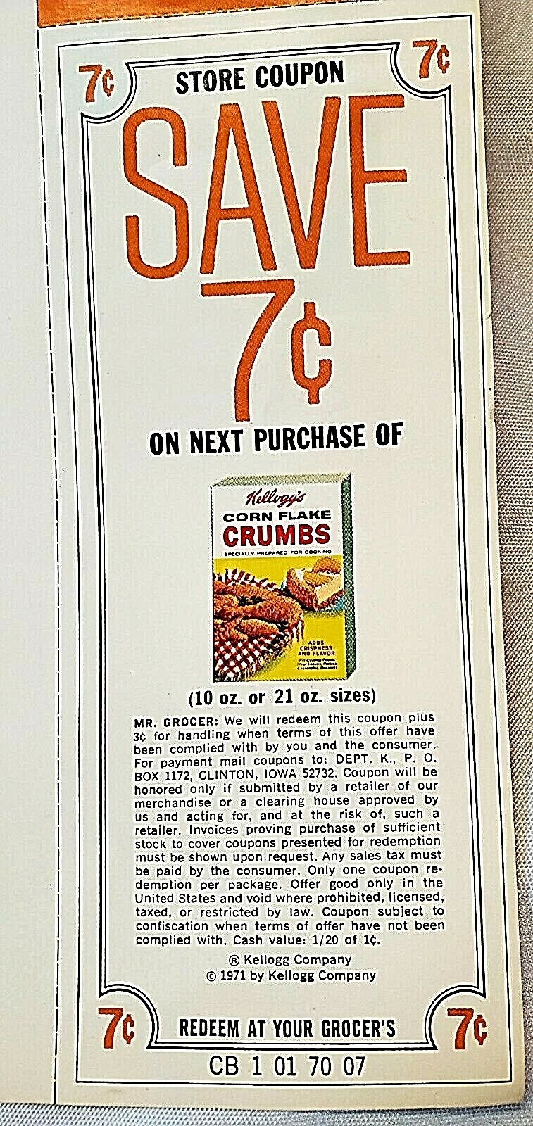 VINTAGE 1971 KELLOGG’S CORN FLAKE CRUMBS COUPON $0.07 CENTS AND AD PAGE
