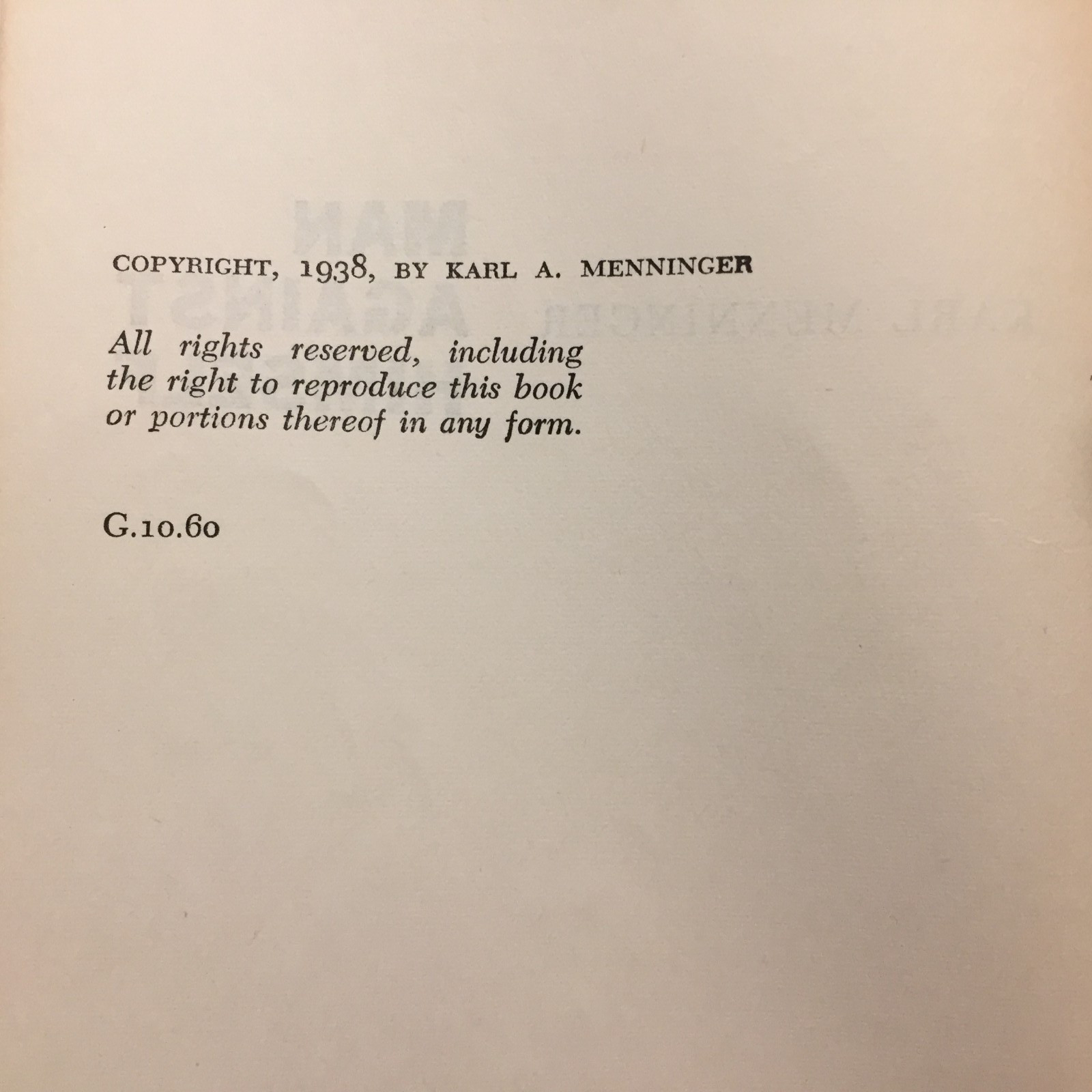 Man Against Himself Karl A. Menninger 1938 Harcourt Brace And Company Psychology
