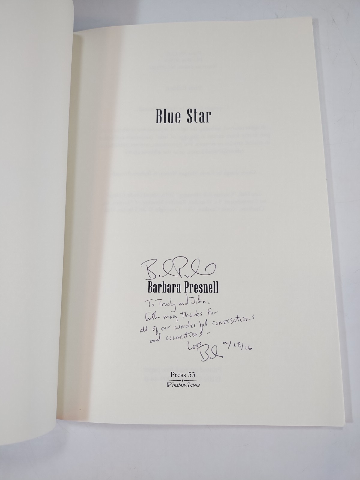 Blue Star by Barbara Presnell – First Edition Autographed 2016 *Author Signed*