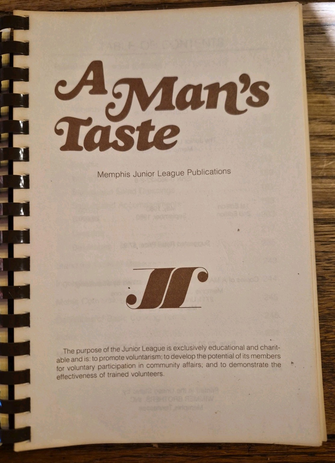 A Man’s Taste • Junior League of Memphis • 1980 • Spiral Bound • Good Condition