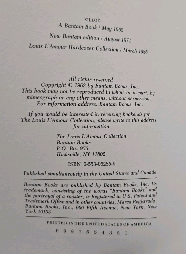 Killoe, By Louis L’Amour, Leatherette Hardcover, Bantam Books, 134 pages