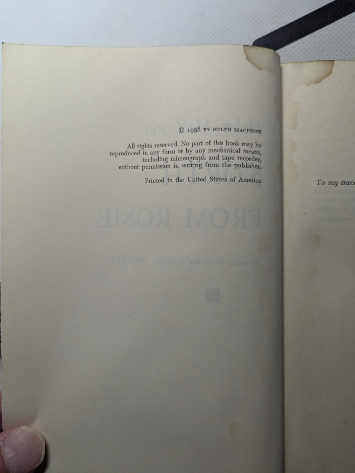 North From Rome by Helen MacInnes 1958 Hardcover Vintage! Harcourt Brace and Co