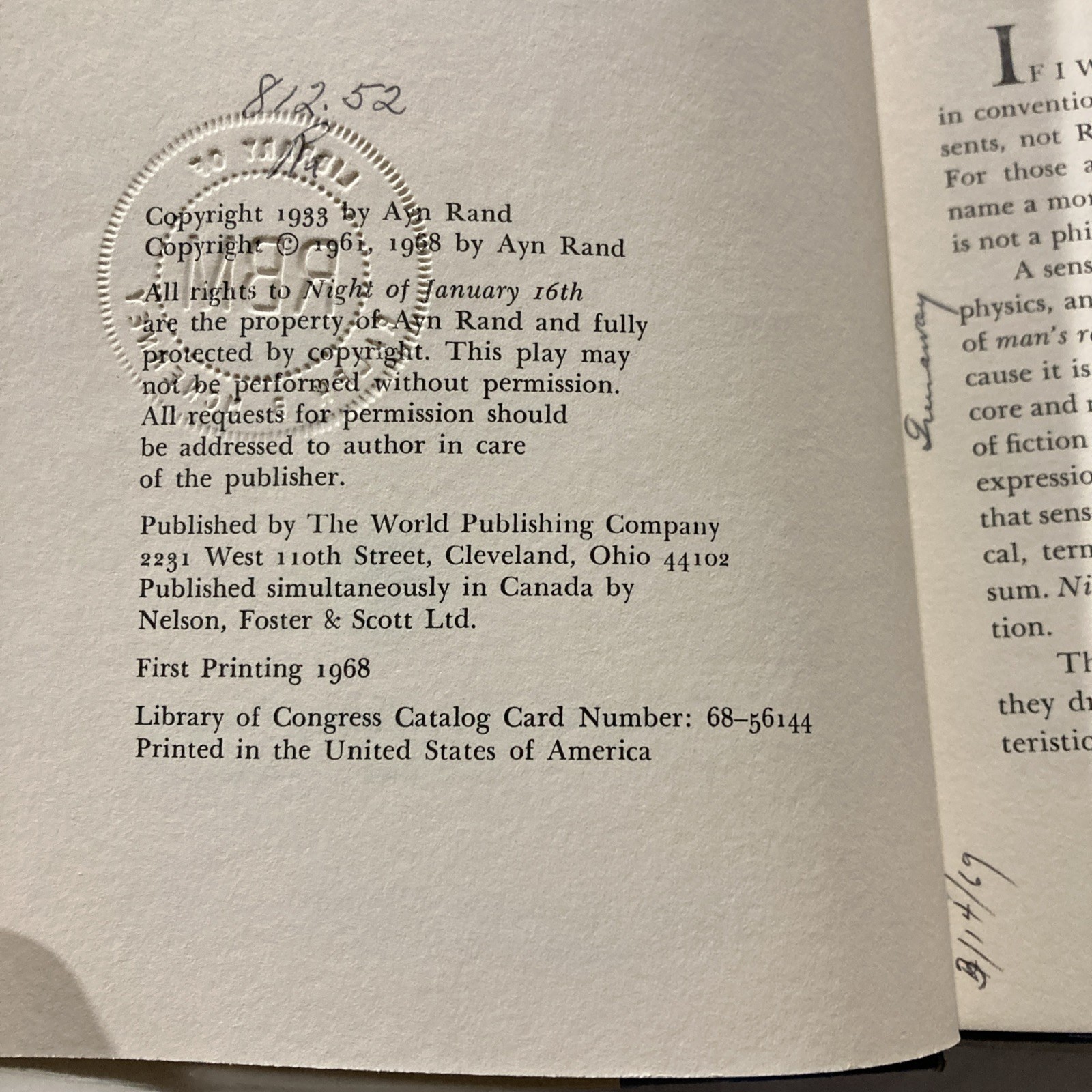 Night of January 16th : A Play by Ayn Rand (1st Edition /Printing HCDJ 1968)