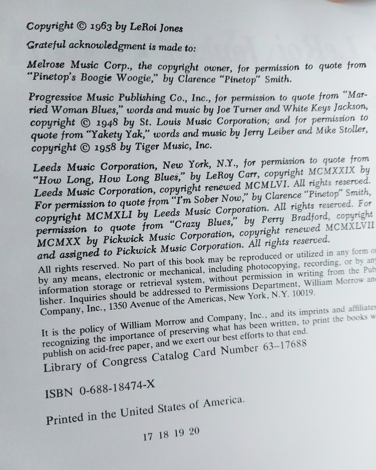 LeRoi Jones – Blues People – William Morrow 17th Printing