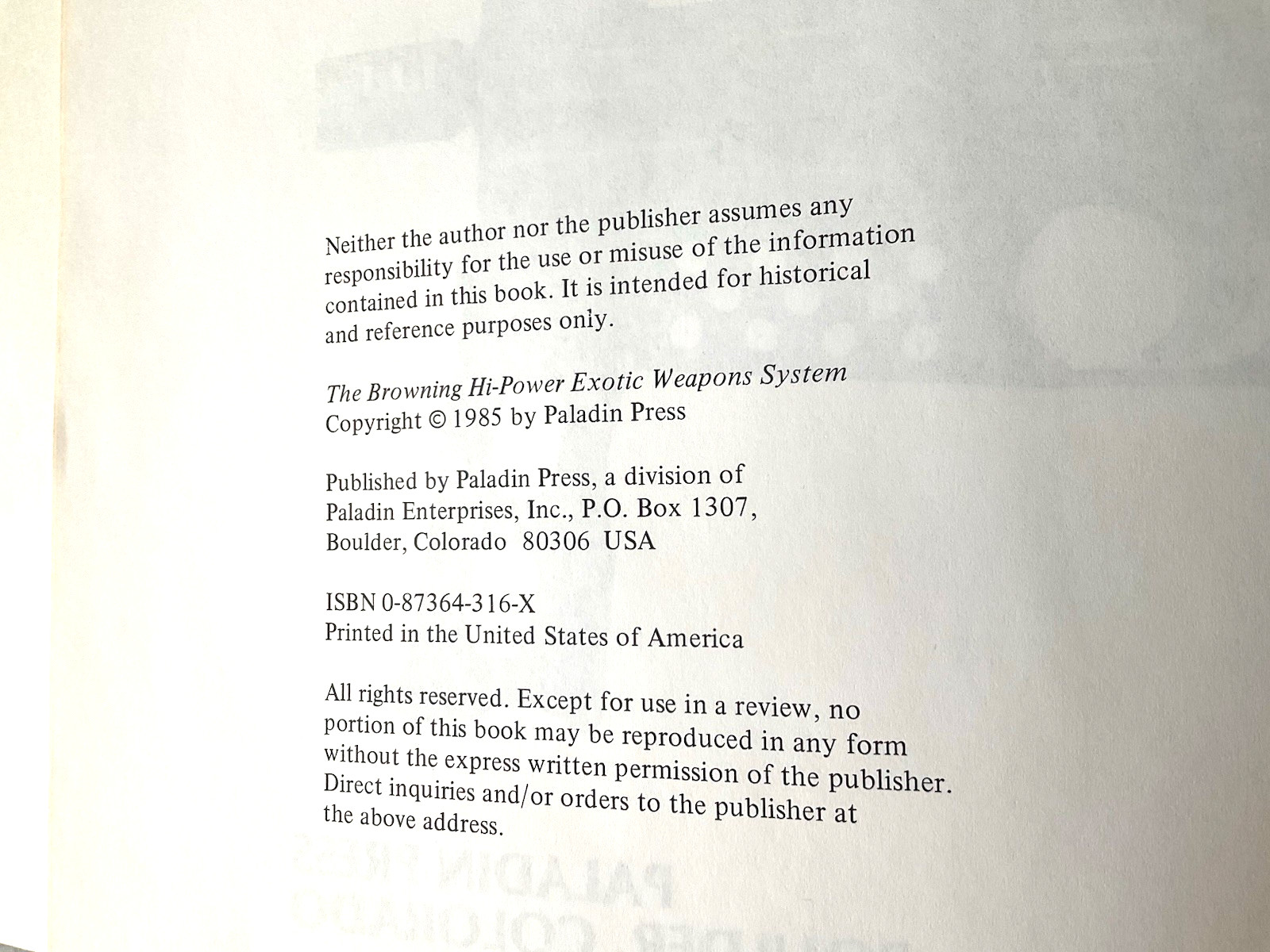 The Browning Hi-Power Exotic Weapons System A Paladin Press Book 61 Pages Used