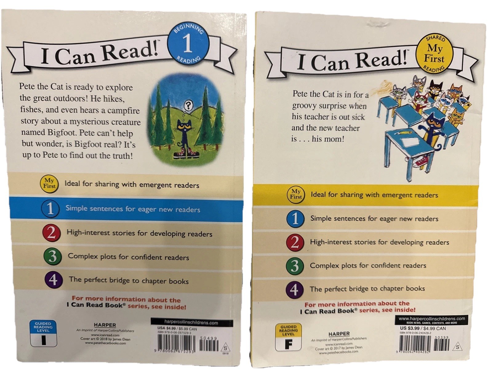 Lot of 2 Books Pete the Cat Goes Camping & The Surprise Teacher Level 1