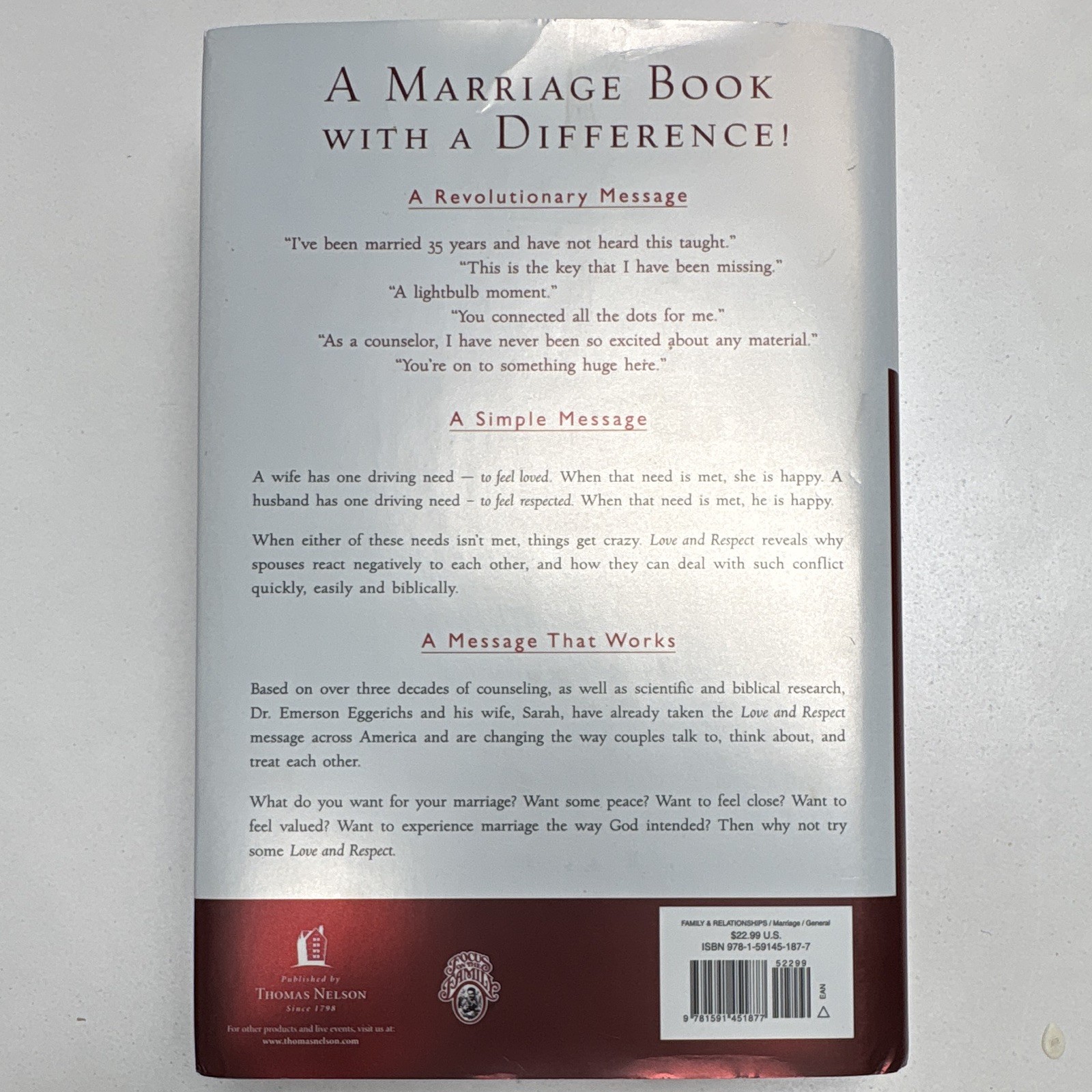Love & Respect by Dr. Emerson Eggerichs, Hardcover, Dust Jacket, Marriage