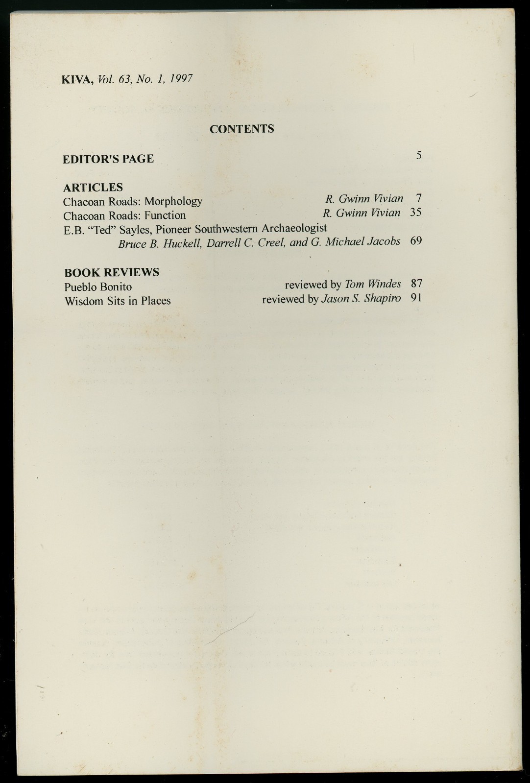 KIVA Journal of Southwestern Anthropology and History, Volume 63 Number 1, Fal..