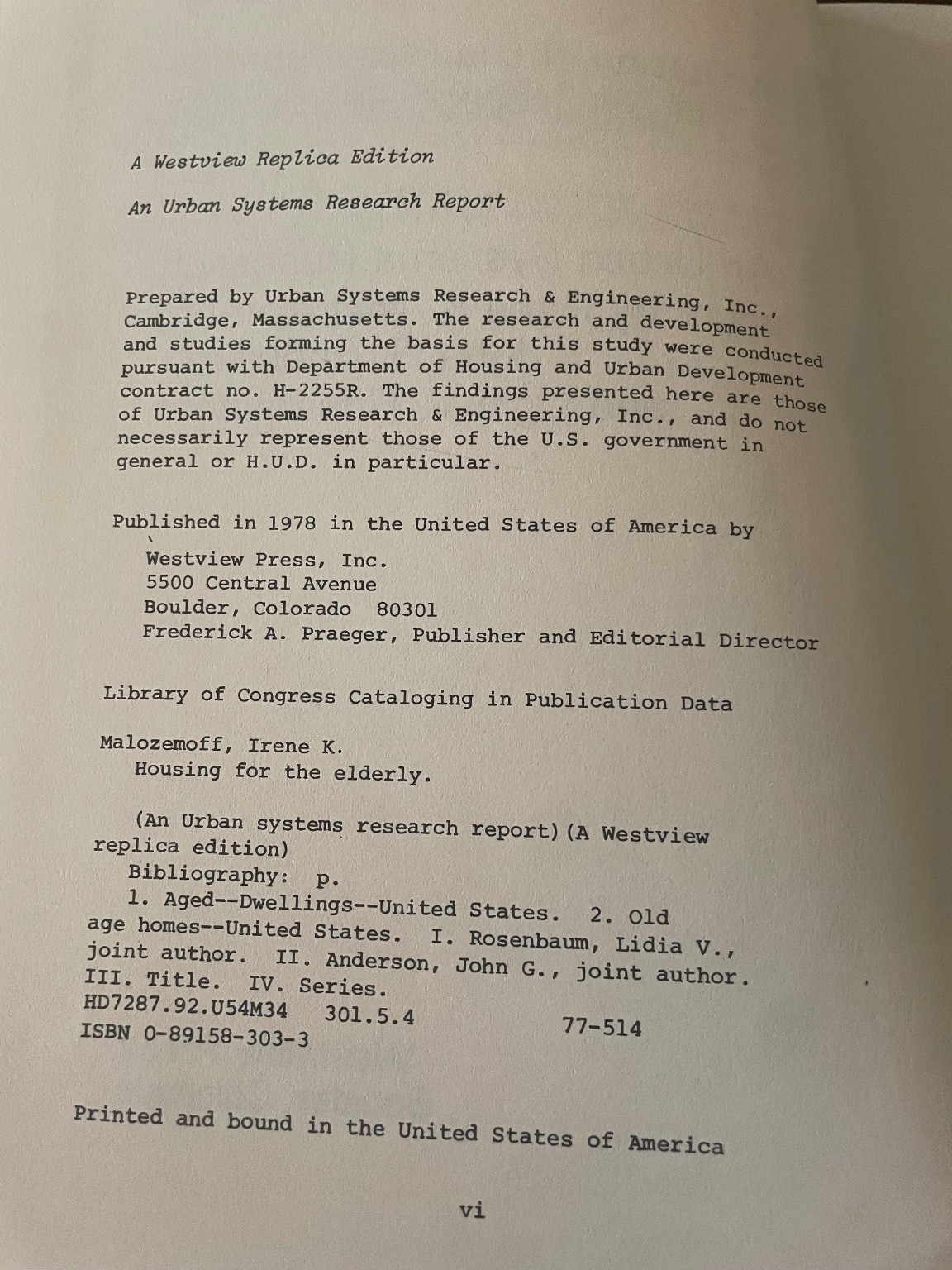 Housing for the Elderly Malozemoff Anderson Rosenbaum 1978 Westview Press