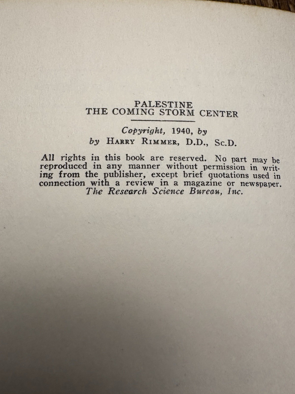 1941 Palestine The Coming Storm Center Harry Rimmer HC / DJ