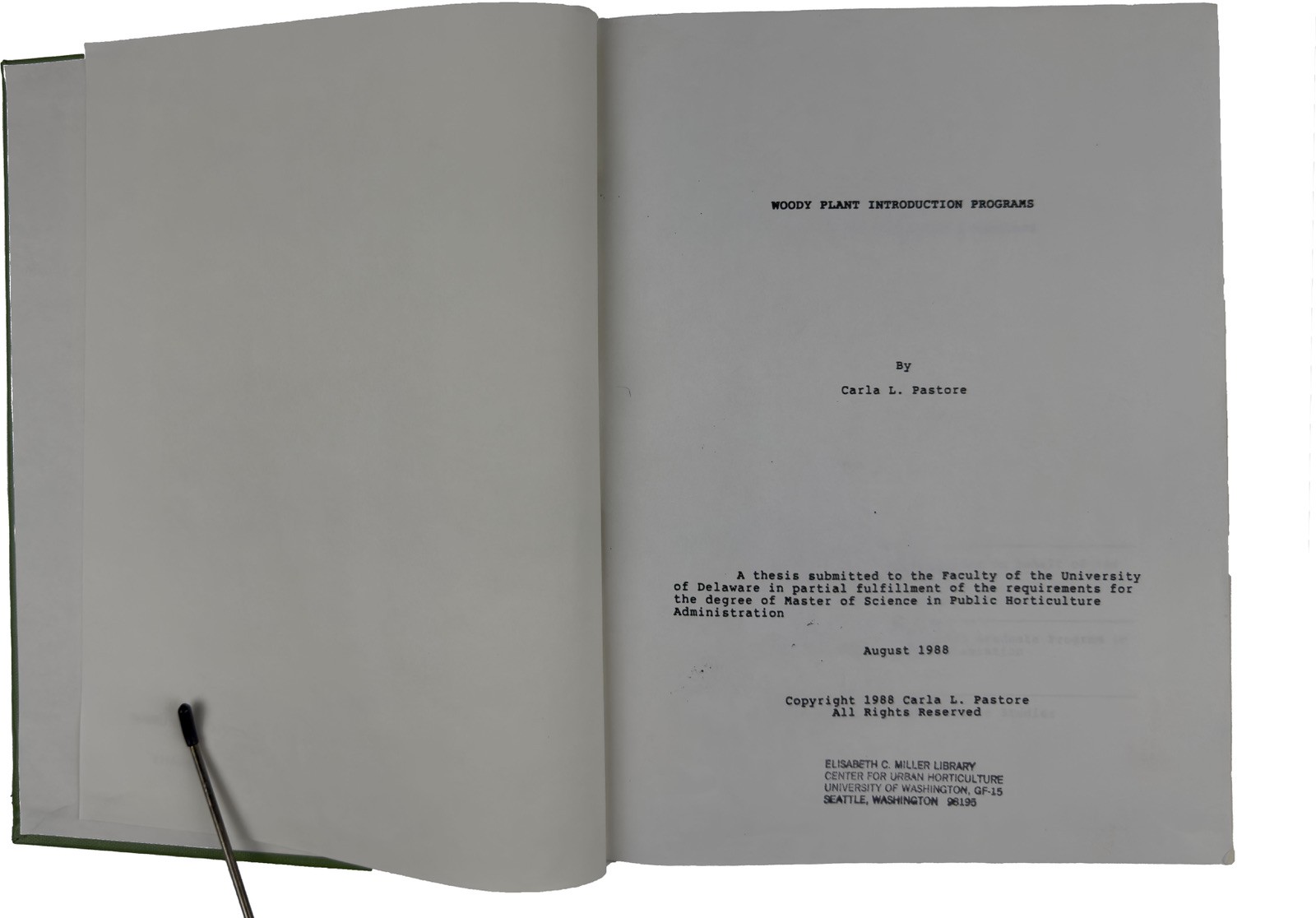 Woody Plant Introduction Programs (1988) Carla L. Pastore Hardcover Thesis
