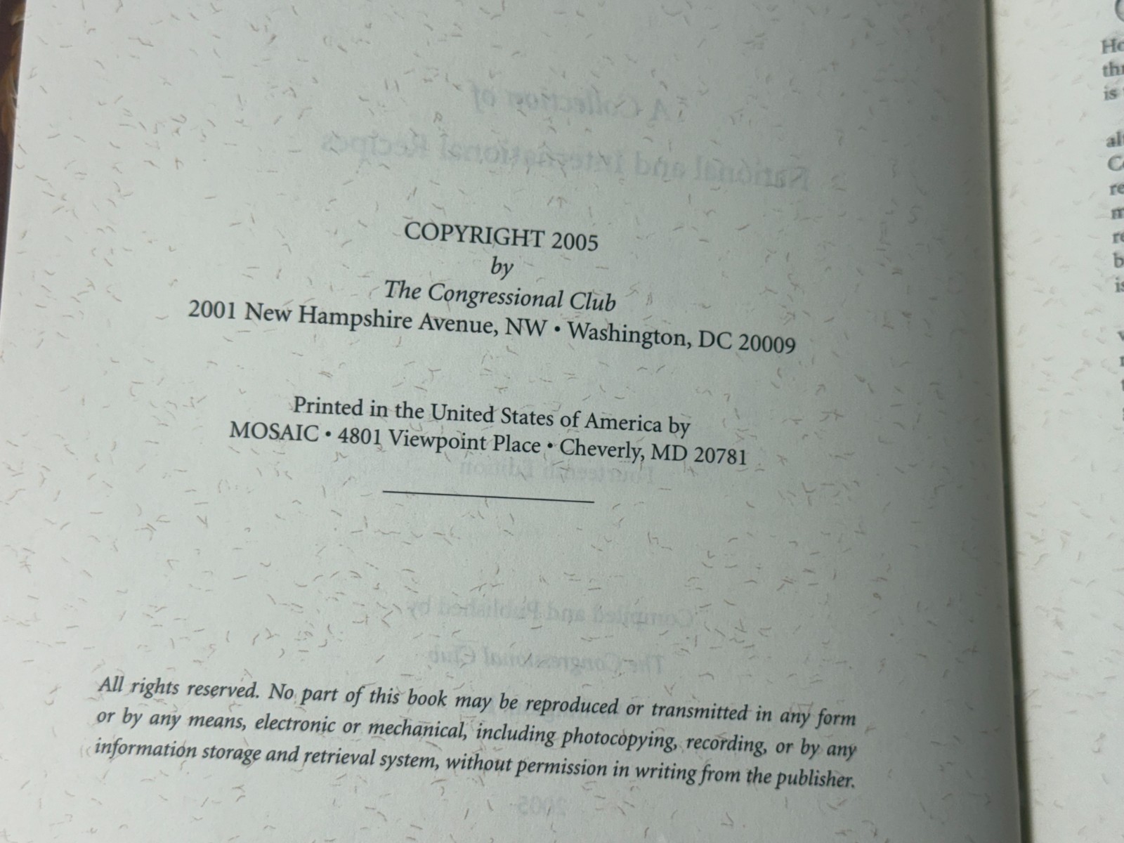 The Congressional Club Cookbook, 2005 14th Edition, Collection of Recipes