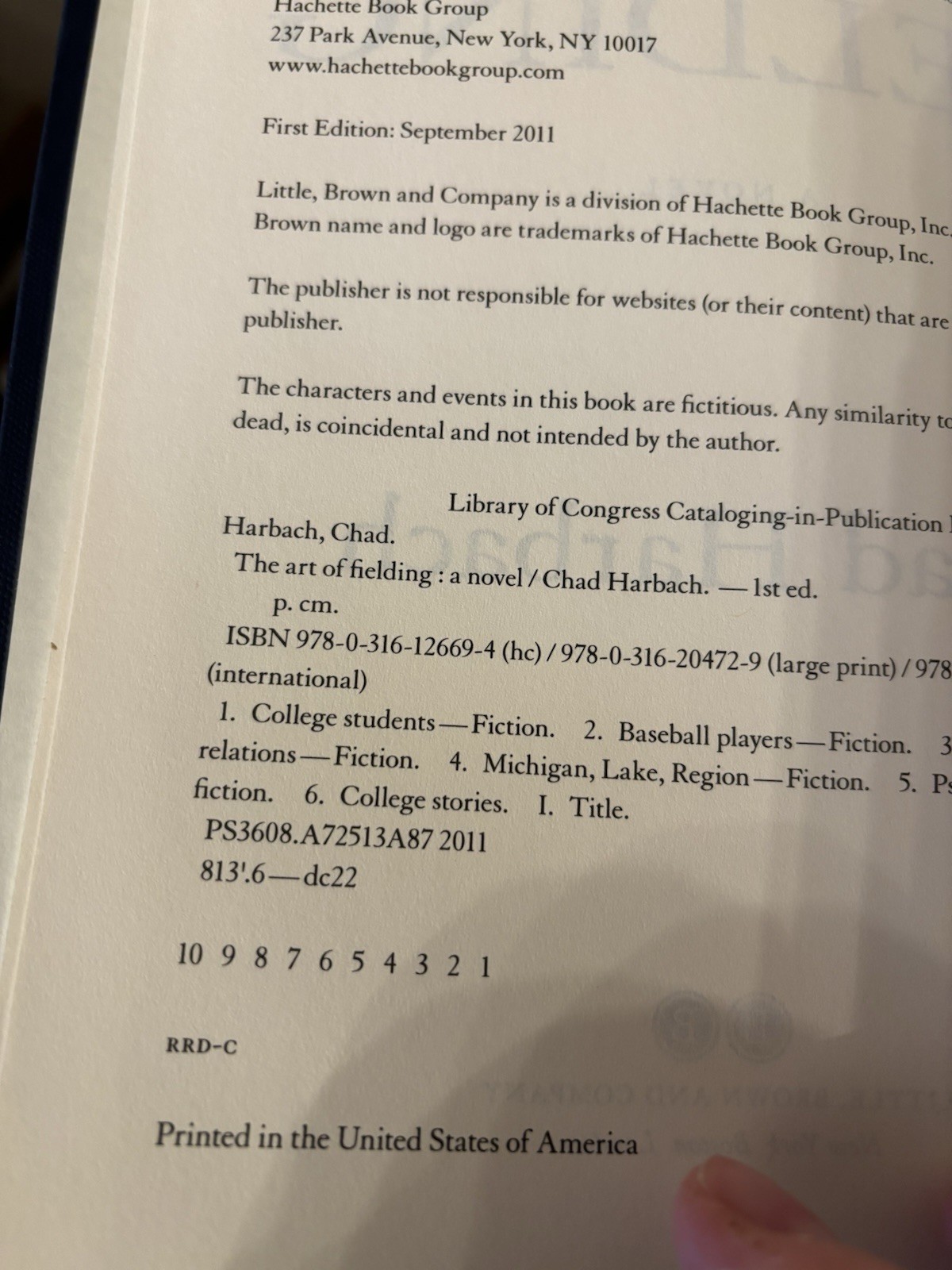 The Art of Fielding. Chad Harbach. 1st HC Ptg. LB 2011. NF/VG+