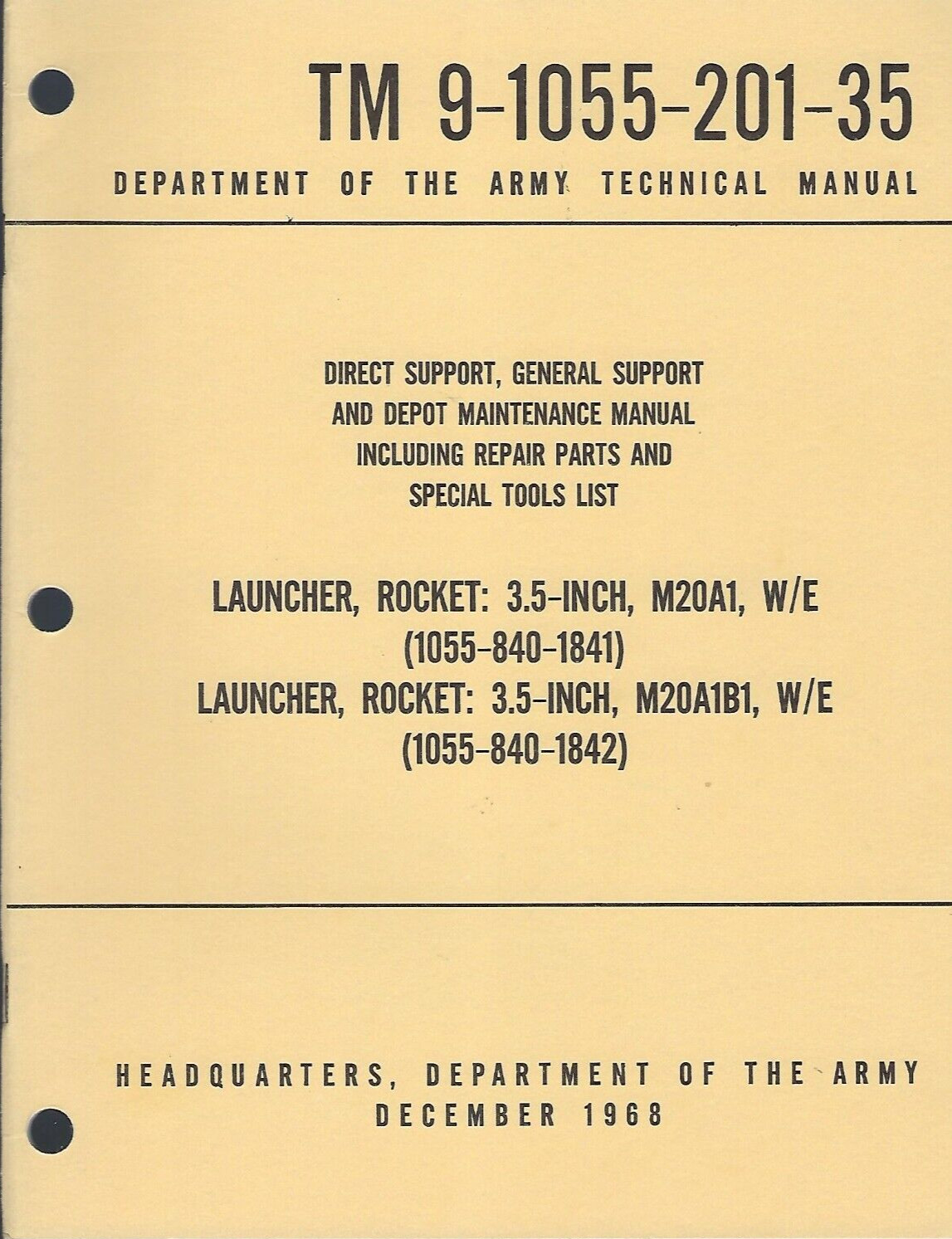 Historical book Launcher, Rocket, 3/5 Inch, M20A1, M20A1B1, Depot Maintenance